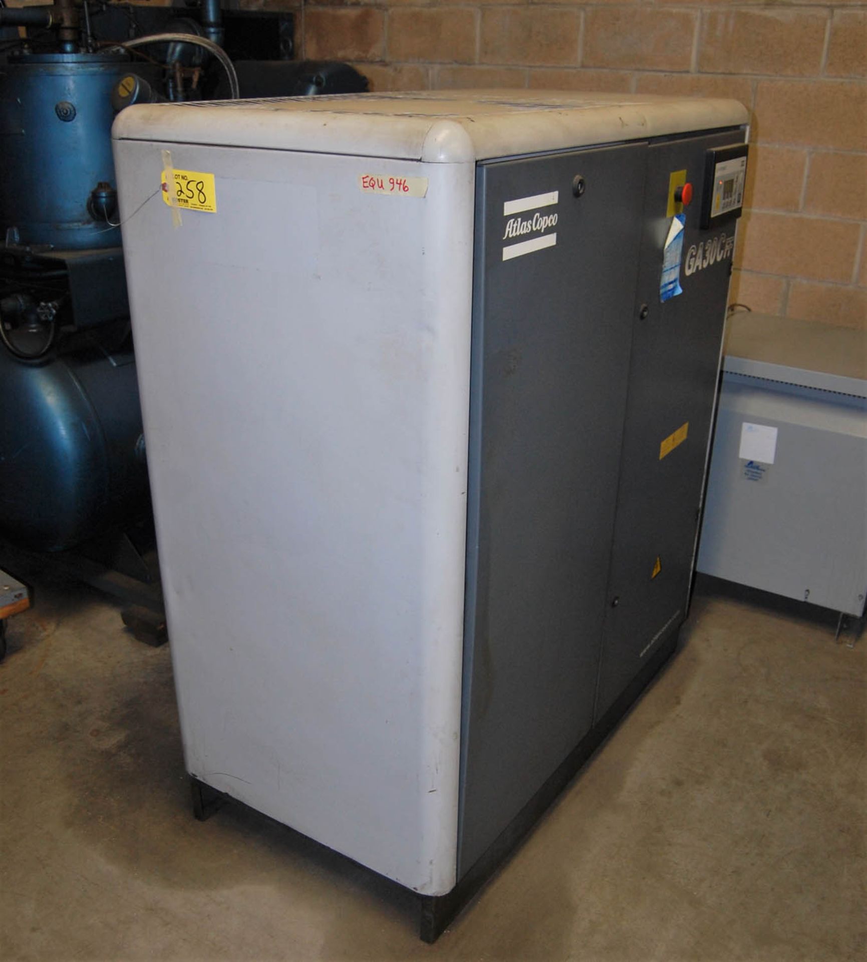 ATLAS COPCO MDL. GA30CF 30HP ROTARY SCREW TYPE AIR COMPRESSOR, WITH BUILT-IN AIR DRYER, S/N: