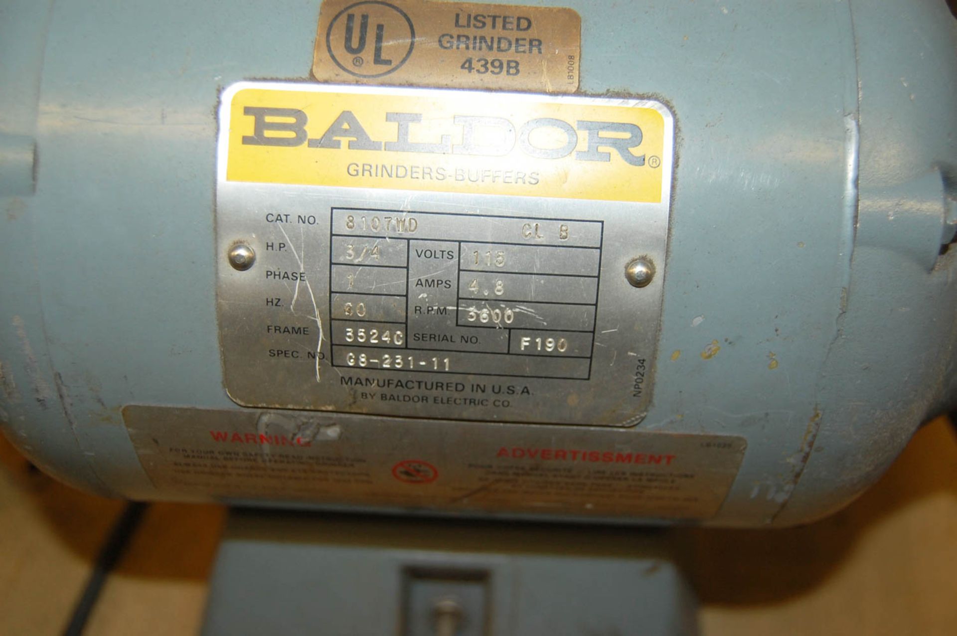BALDOR 8" DOUBLE END BENCH TYPE GRINDER - Image 2 of 2