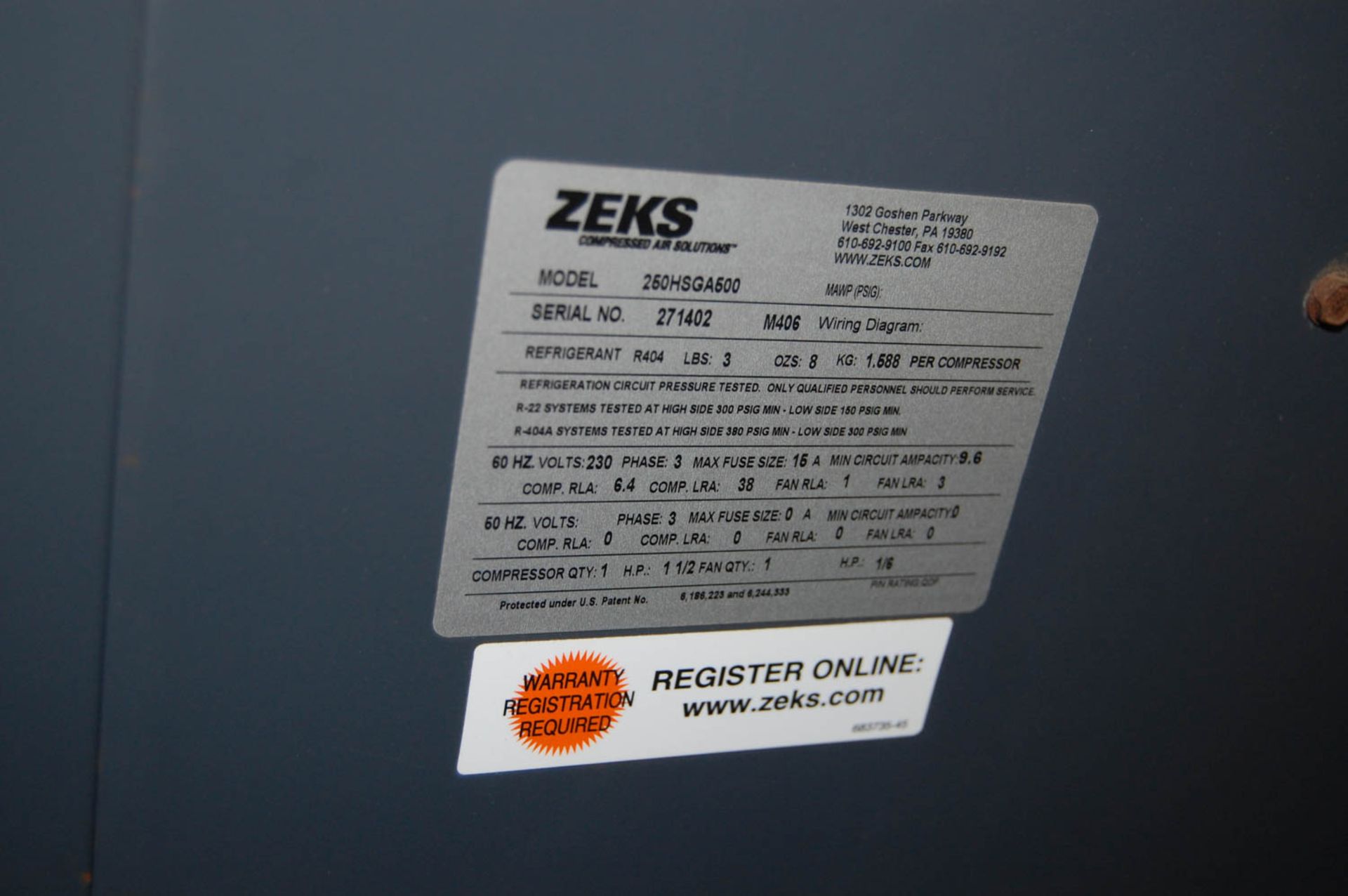 ZEKS HEAT SINK REFRIGERATED AIR DRYER, S/N: 271402 - Image 2 of 2