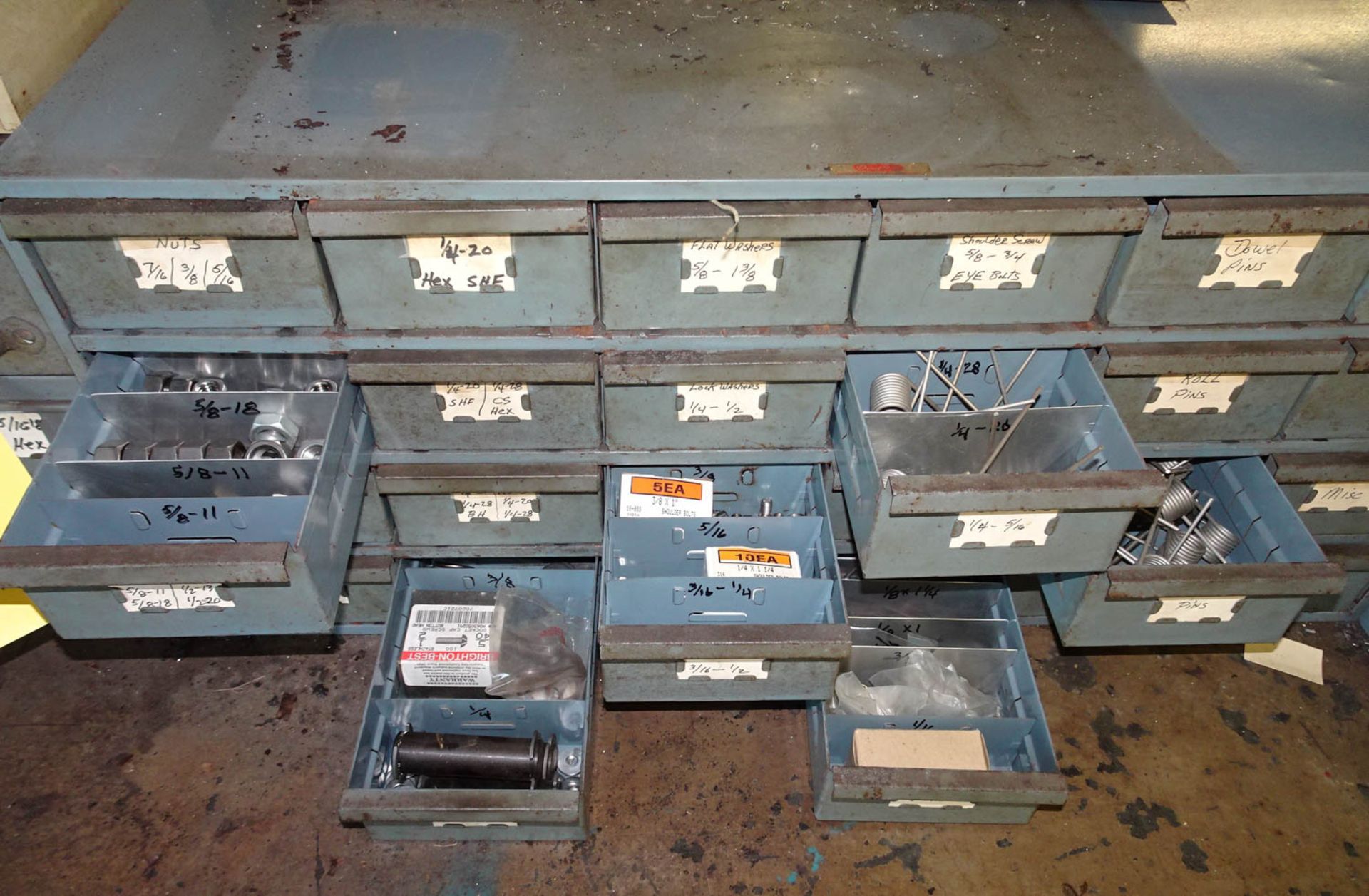 (3) SMALL PARTS BINS, (1) WORK BENCH WITH DRAWERS, (1) WORK BENCH WITH STEEL TOP AND STEEL LEGS, AND - Image 4 of 5