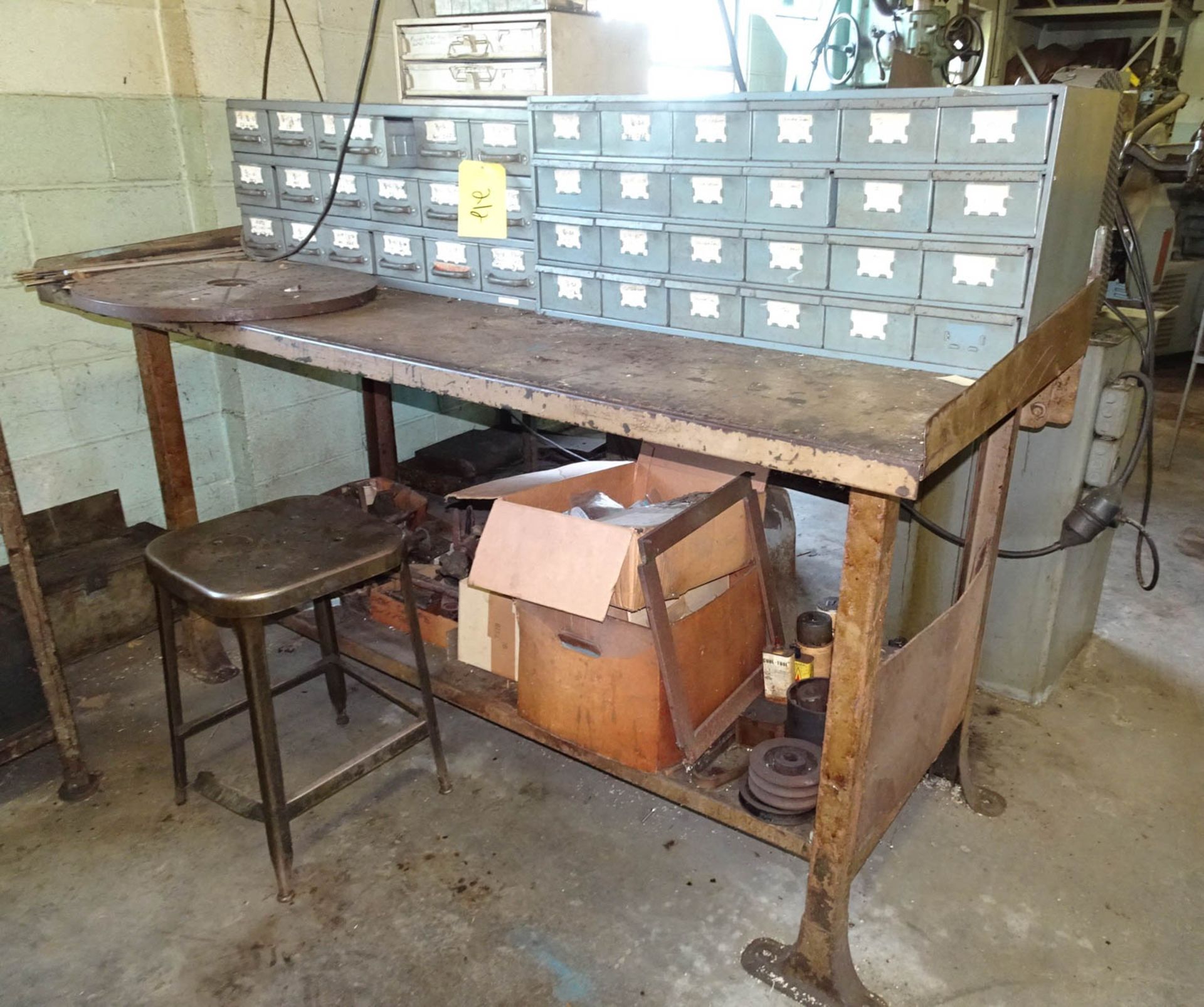 (3) SMALL PARTS BINS, (1) WORK BENCH WITH DRAWERS, (1) WORK BENCH WITH STEEL TOP AND STEEL LEGS, AND - Image 2 of 5