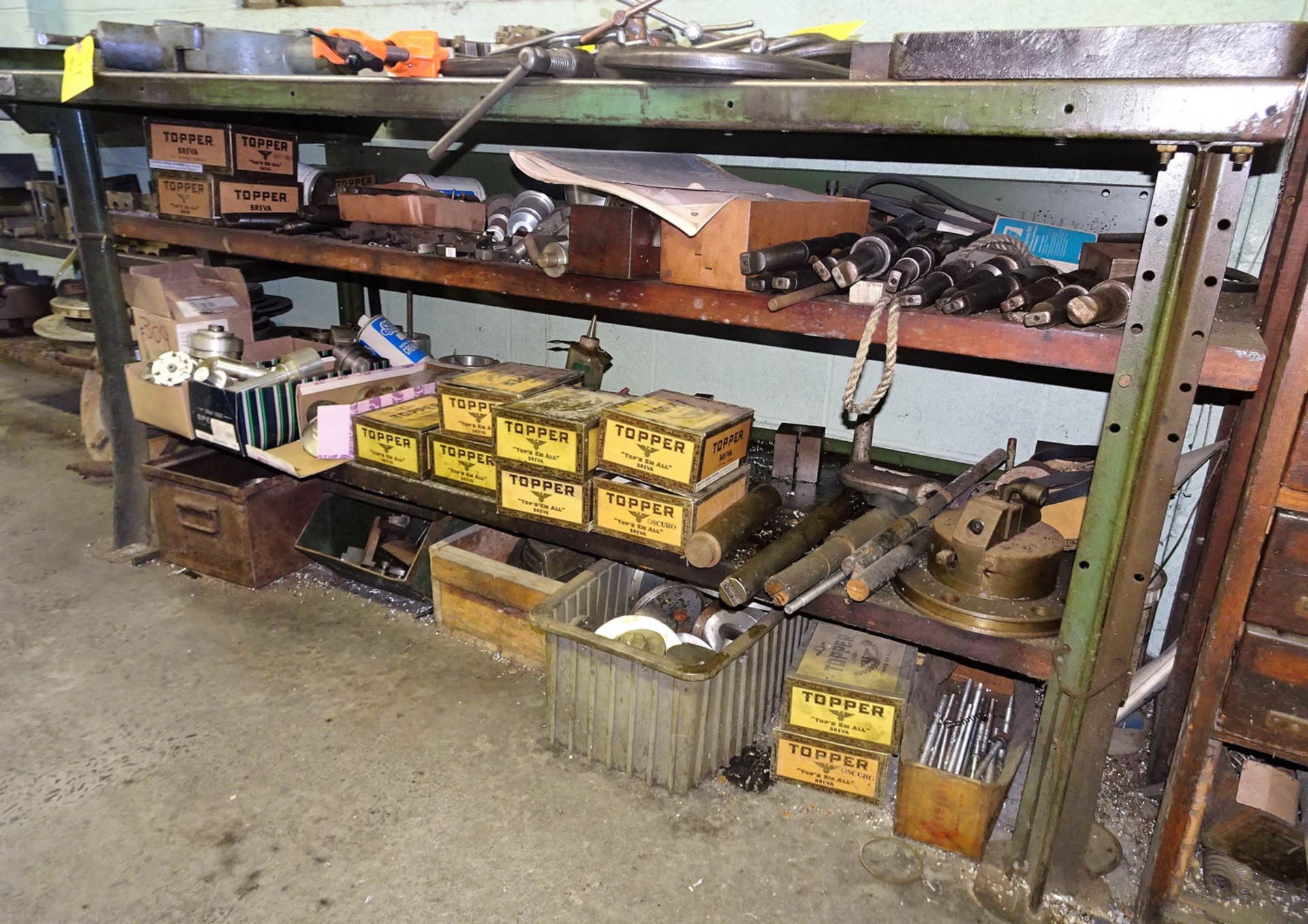 (2) STEEL WORK BENCHES, 3-SHELVED SHELVING UNIT WITH CONTENTS ON LOWER SHELVES, INCLUDING BUT NOT - Image 2 of 3