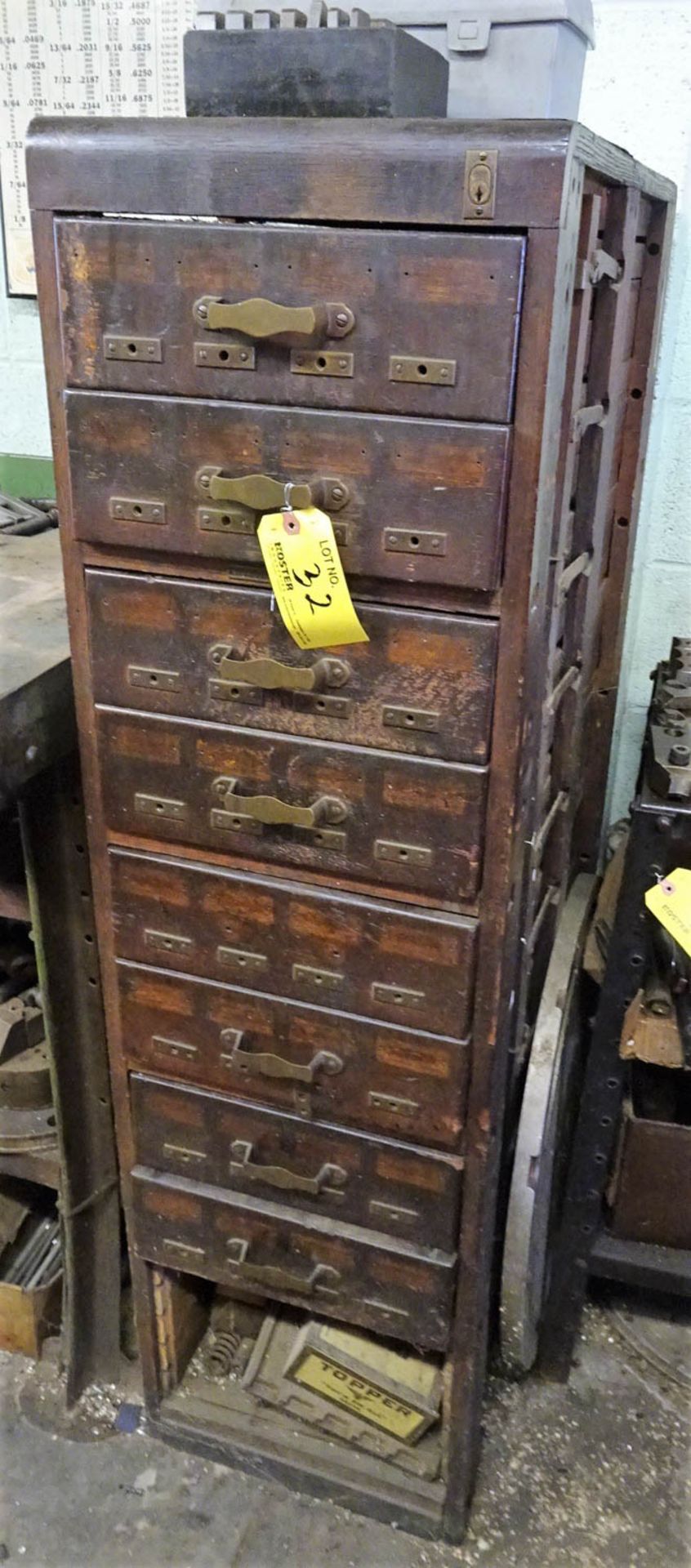 LOT OF (2) WOOD MULTI-DRAWER SMALL PARTS CABINETS WITH CONTENTS, INCLUDING: SETTING NUTS, BOLTS,