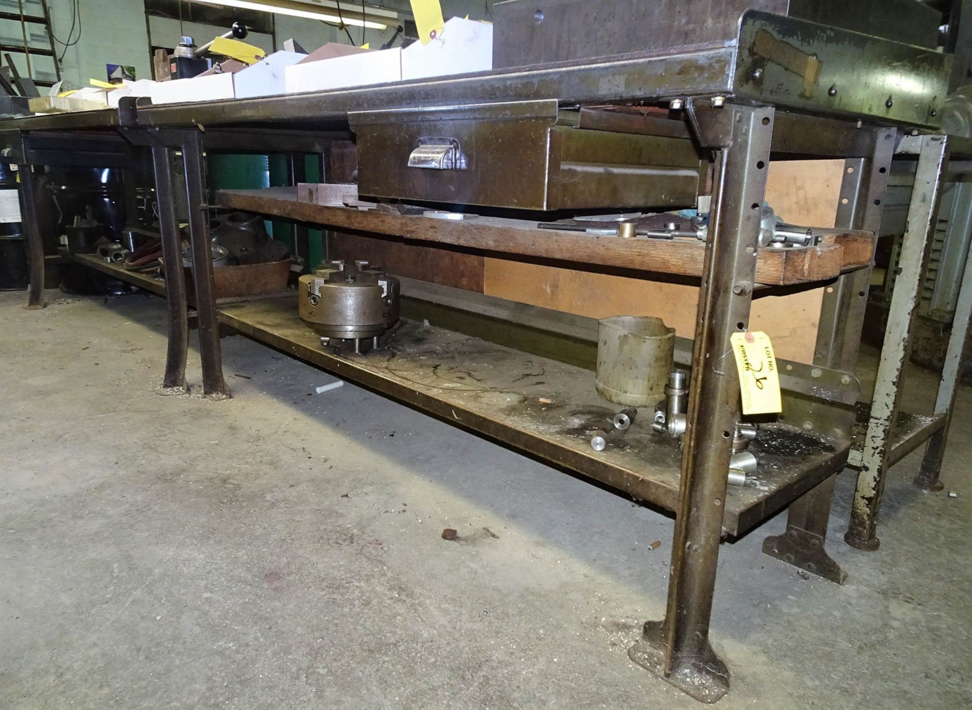 (2) STEEL FRAMED WORK BENCHES WITH CONTENTS OF LOWER SHELVING, INCLUDING: TOOLING (PLEASE SEE