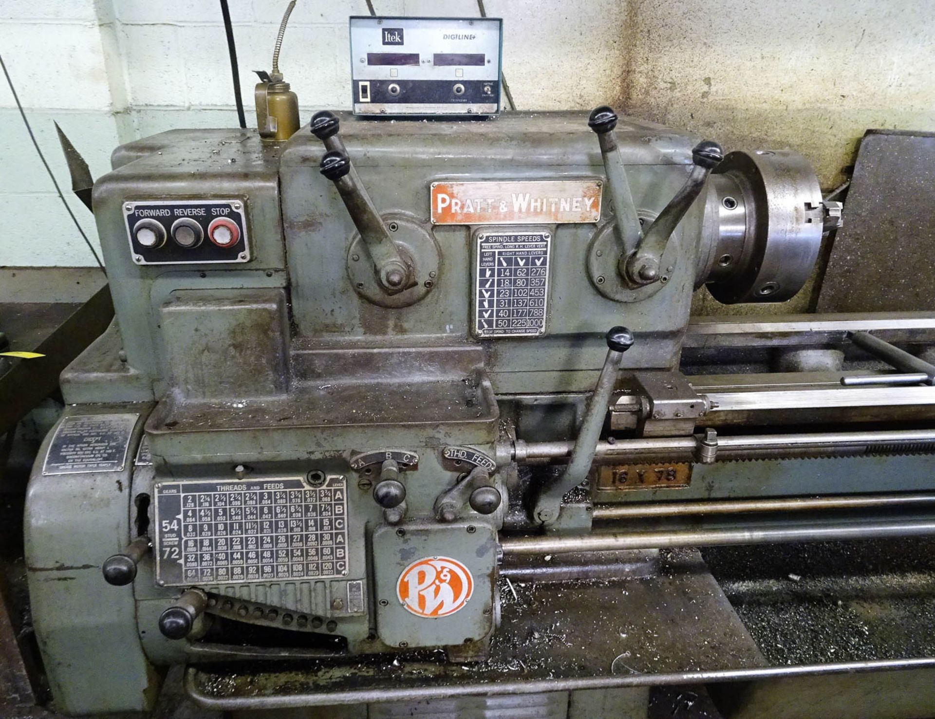 19" X 78" PRATT & WHITNEY MDL. 16"C LATHE, WITH 10" 3-JAW CHUCK, 6-1/2" STEADY REST, 12" STEADY - Image 3 of 9