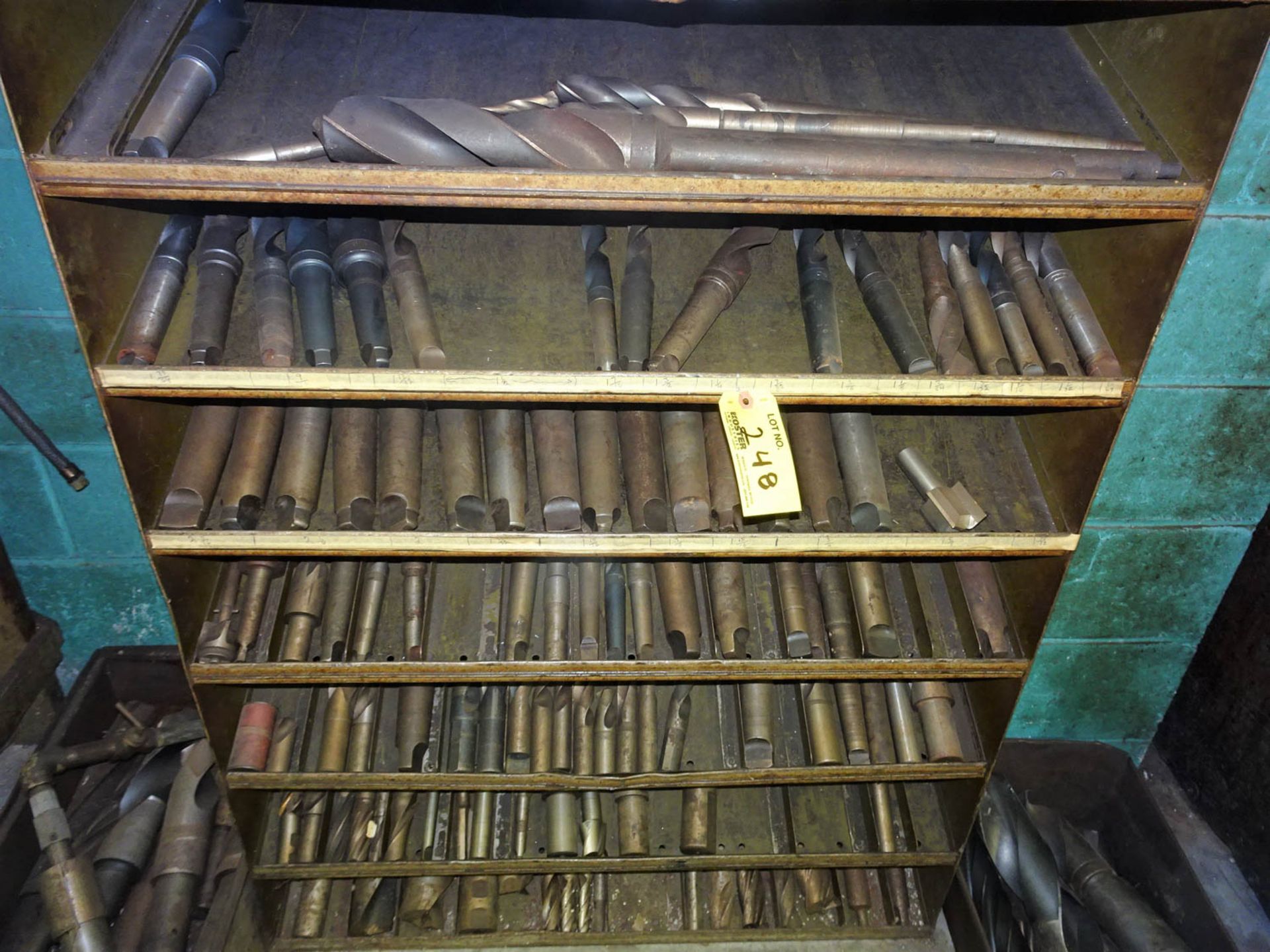 LOT OF LARGE DRILL BITS WITH RACK AND METAL BINS - Image 2 of 2