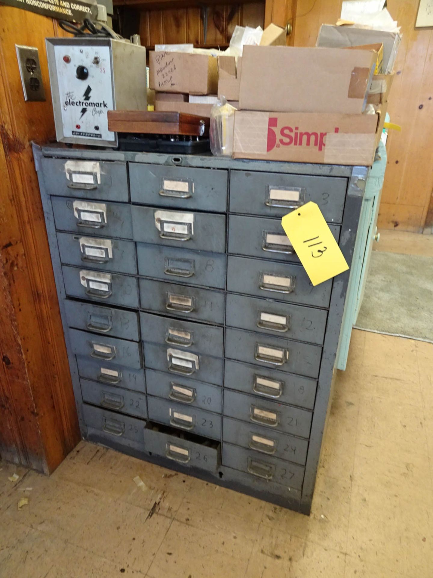 MULTI-DRAWER SMALL PARTS BIN WITH CABINET, CONTENTS INCLUDE: HELI-COIL, SHIMS, DRILL BITS,