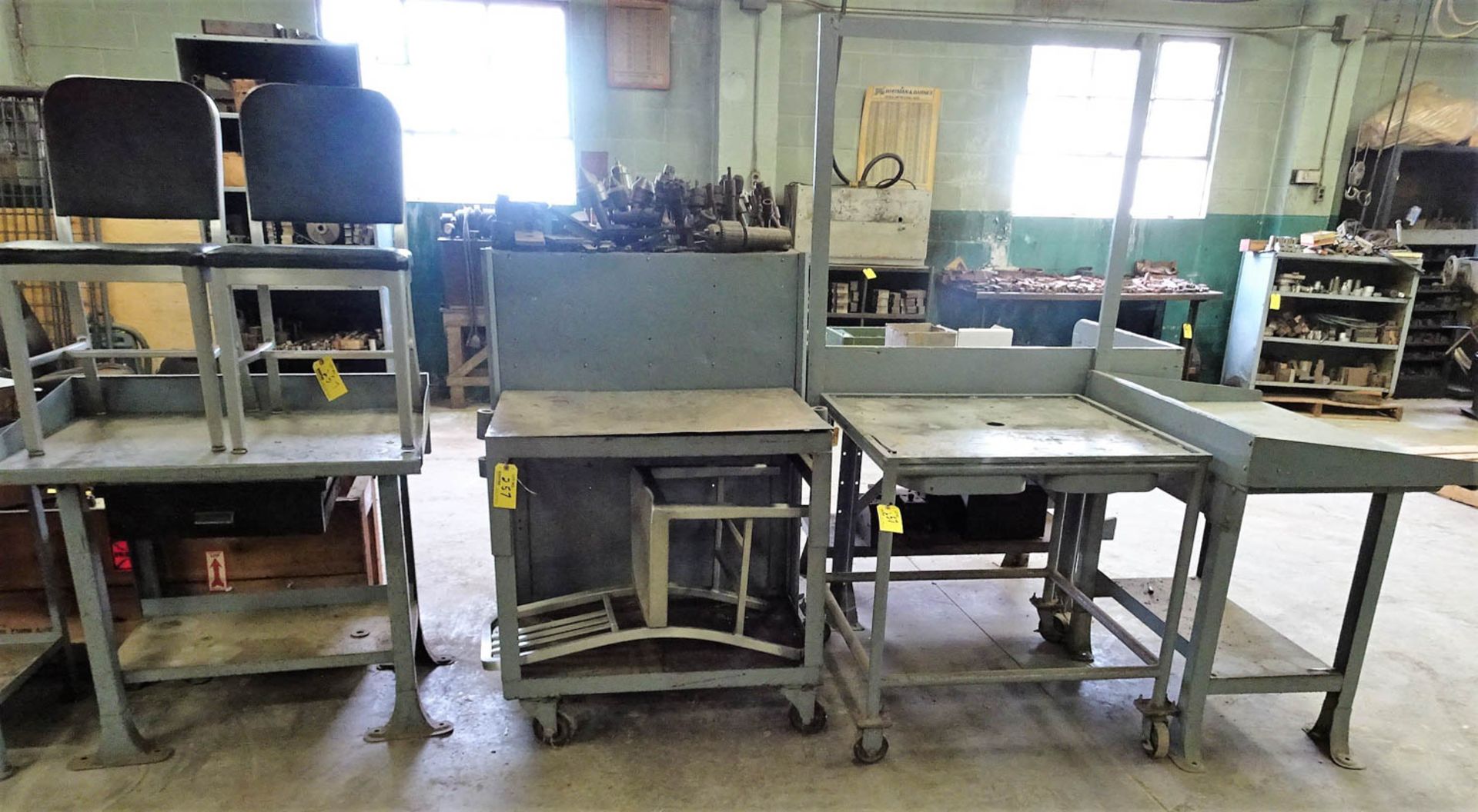 (2) CASTERED CARTS, (2) 36" X 24" WORK BENCHES, (3) ALUMINUM FRAMED CHAIRS