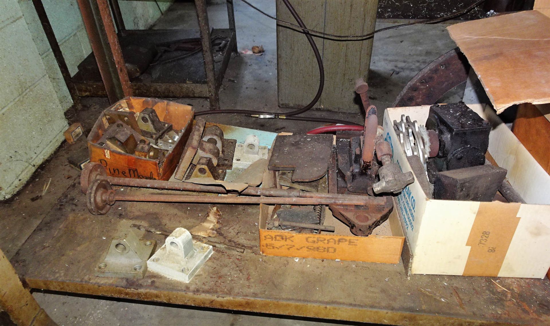 (3) SMALL PARTS BINS, (1) WORK BENCH WITH DRAWERS, (1) WORK BENCH WITH STEEL TOP AND STEEL LEGS, AND - Image 3 of 5