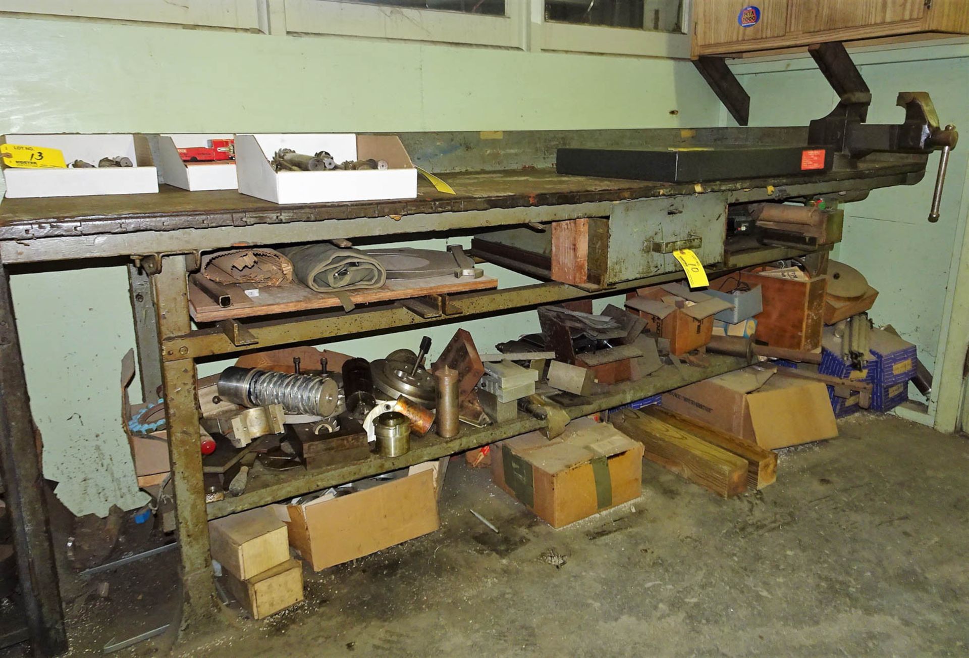 STEEL LEGGED WORK BENCH WITH CONTENTS, INCLUDING: 3" BENCH TOP MACHINIST VISE, SCRAP ALUMINUM, SCRAP