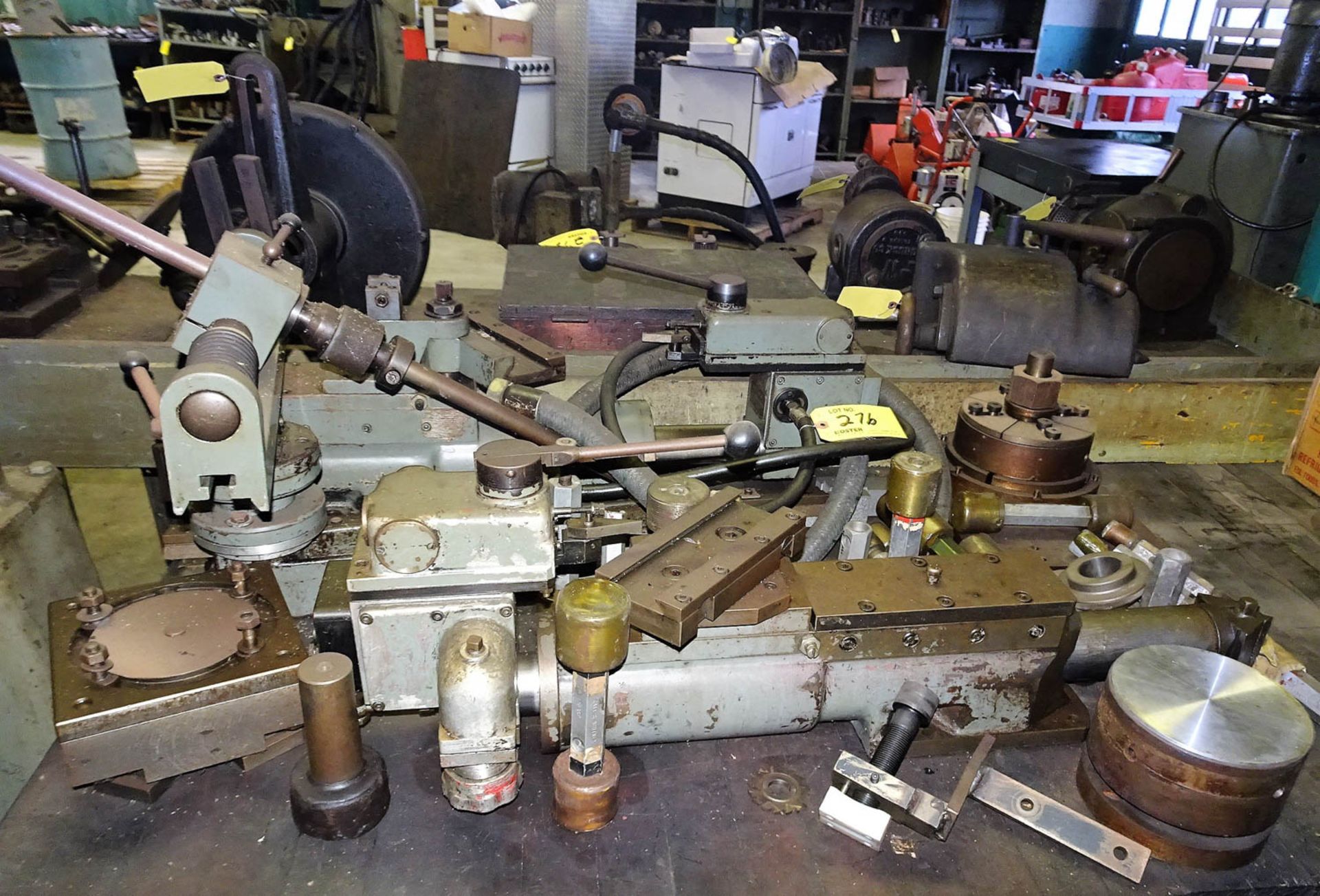 (2) STEEL FRAMED WOOD TOP WORK BENCHES WITH CONTENTS, INCLUDING: TRACER MACHINE PARTS, THREAD - Image 2 of 5