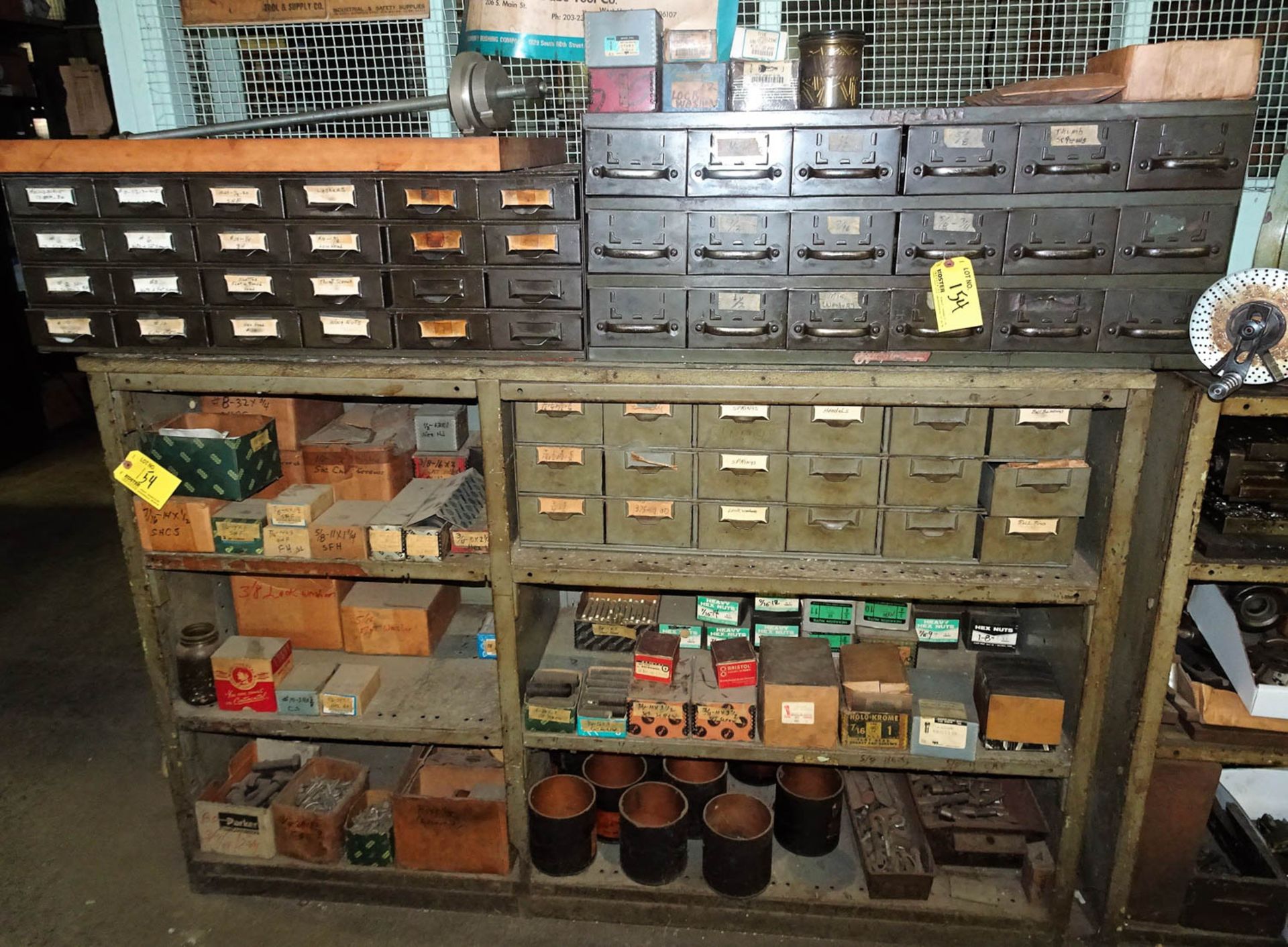 (3) SMALL PARTS BINS, AND MULTI-SHELVED CABINET WITH CONTENTS INCLUDING THUMB SCREWS, SLOTTED