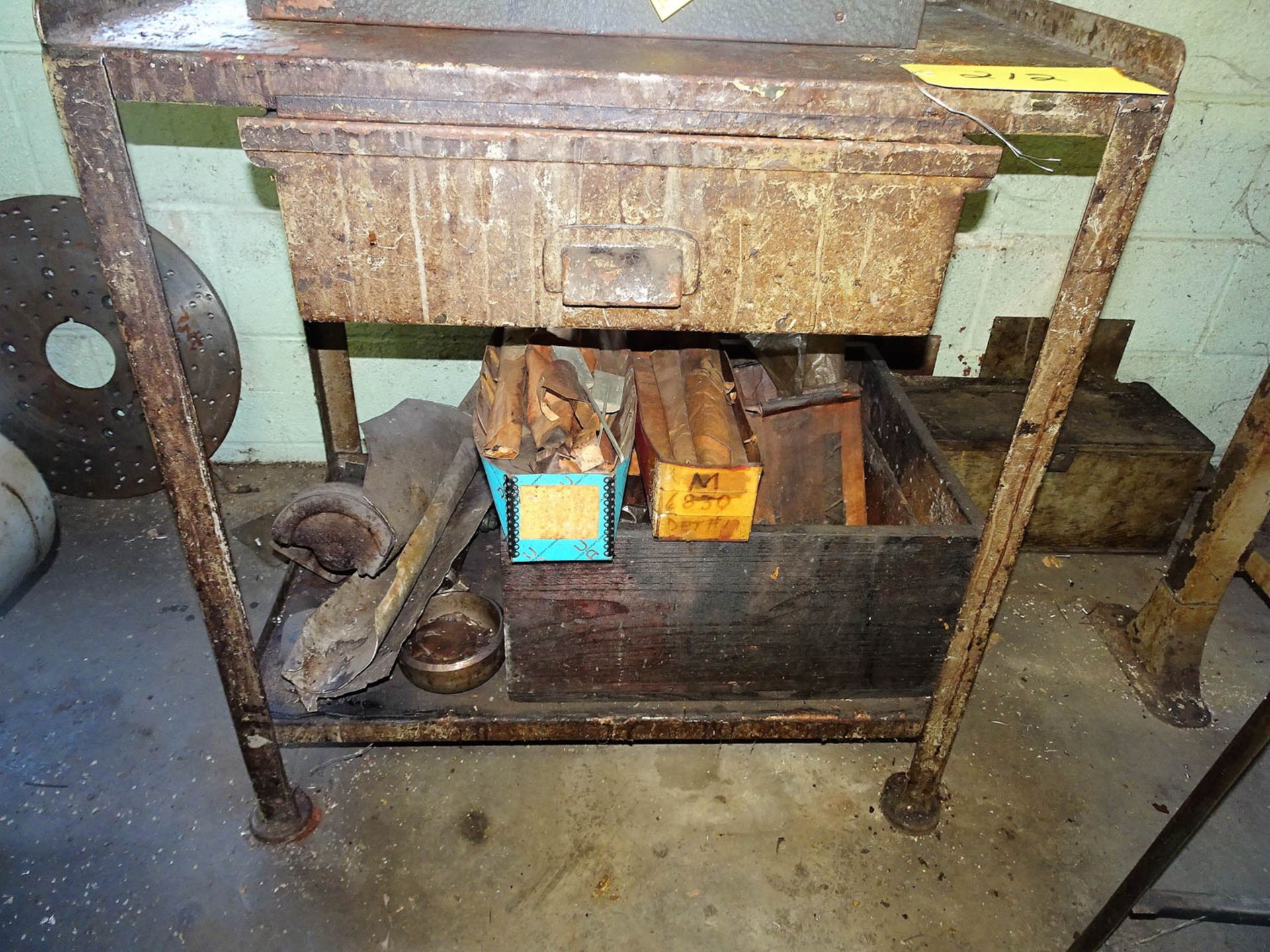 (3) SMALL PARTS BINS, (1) WORK BENCH WITH DRAWERS, (1) WORK BENCH WITH STEEL TOP AND STEEL LEGS, AND