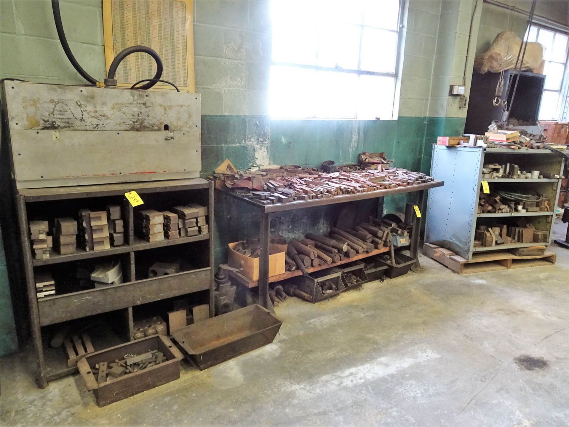 (3) SHELVING UNITS, (1) STEEL LEGGED STEEL TOPPED WORK BENCH WITH CONTENTS, INCLUDING: CHUCK JAWS,