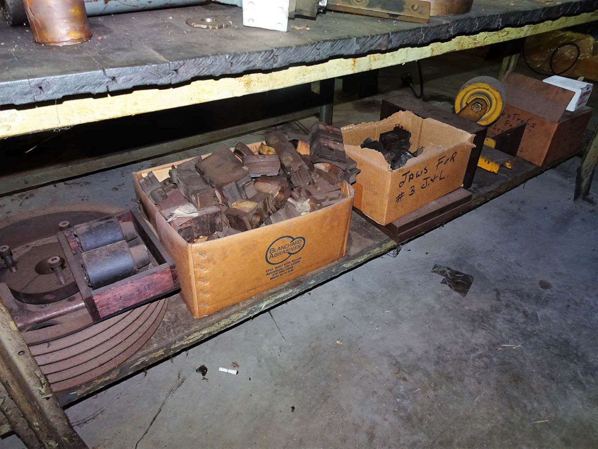 (2) STEEL FRAMED WOOD TOP WORK BENCHES WITH CONTENTS, INCLUDING: TRACER MACHINE PARTS, THREAD - Image 3 of 5