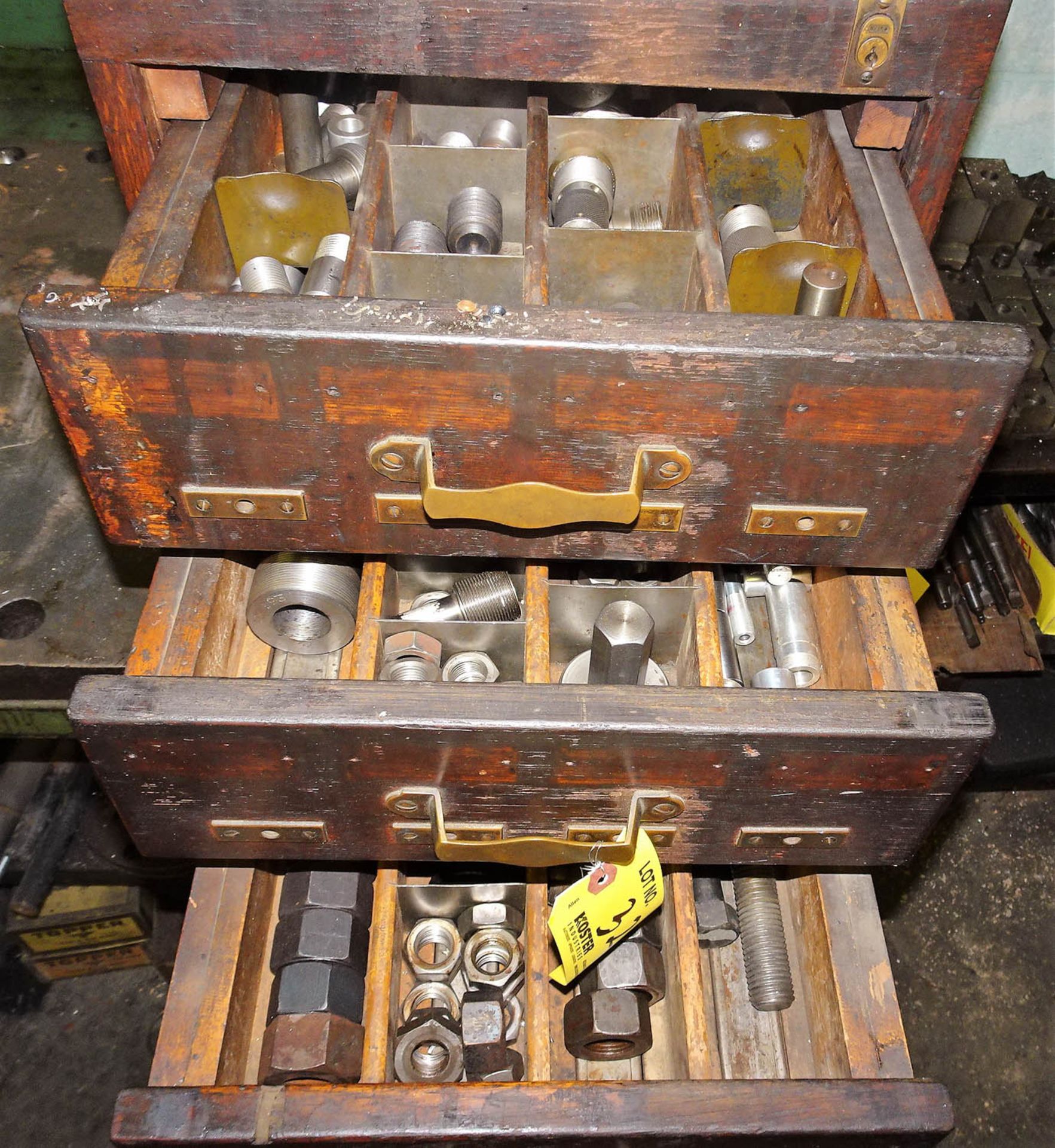 LOT OF (2) WOOD MULTI-DRAWER SMALL PARTS CABINETS WITH CONTENTS, INCLUDING: SETTING NUTS, BOLTS, - Image 2 of 6