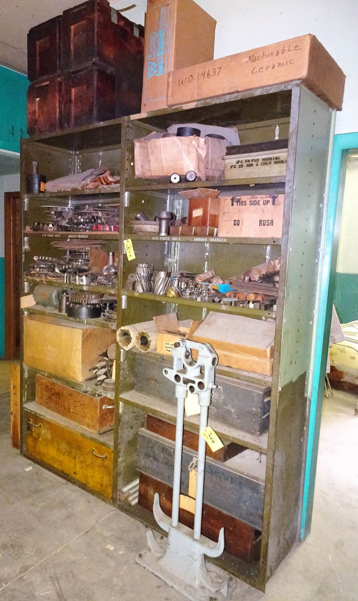 HEAVY DUTY STEEL RACK WITH CONTENTS, INCLUDING: SPINDLES, GEARS, CUTTERS, TOOL HOLDERS, MATERIAL