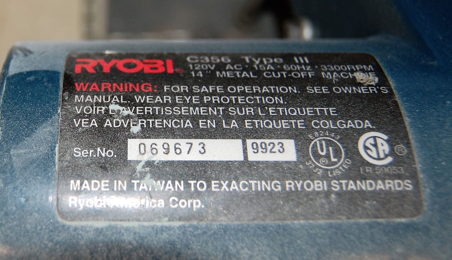 14" RYOBI C356 TYPE III CHOP SAW, S/N: 069673/9923 - Image 2 of 2