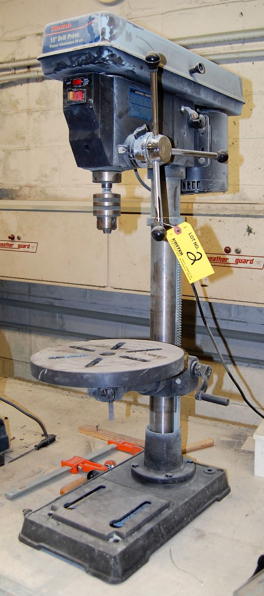 15" WESTWARD MDL. 4TM68 BENCH TYPE DRILL PRESS, SINGLE PHASE, 12" DIAMETER TABLE, S/N: W02351