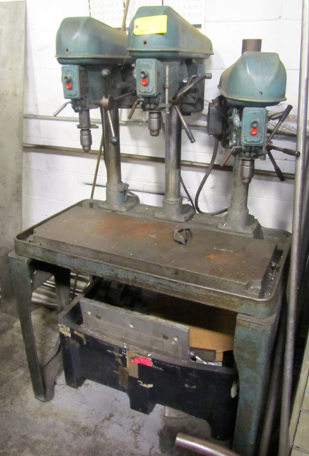 BUFFALO #15 15" 3-HEADED GANG TYPE DRILL PRESS WITH 14" X 40" TABLE