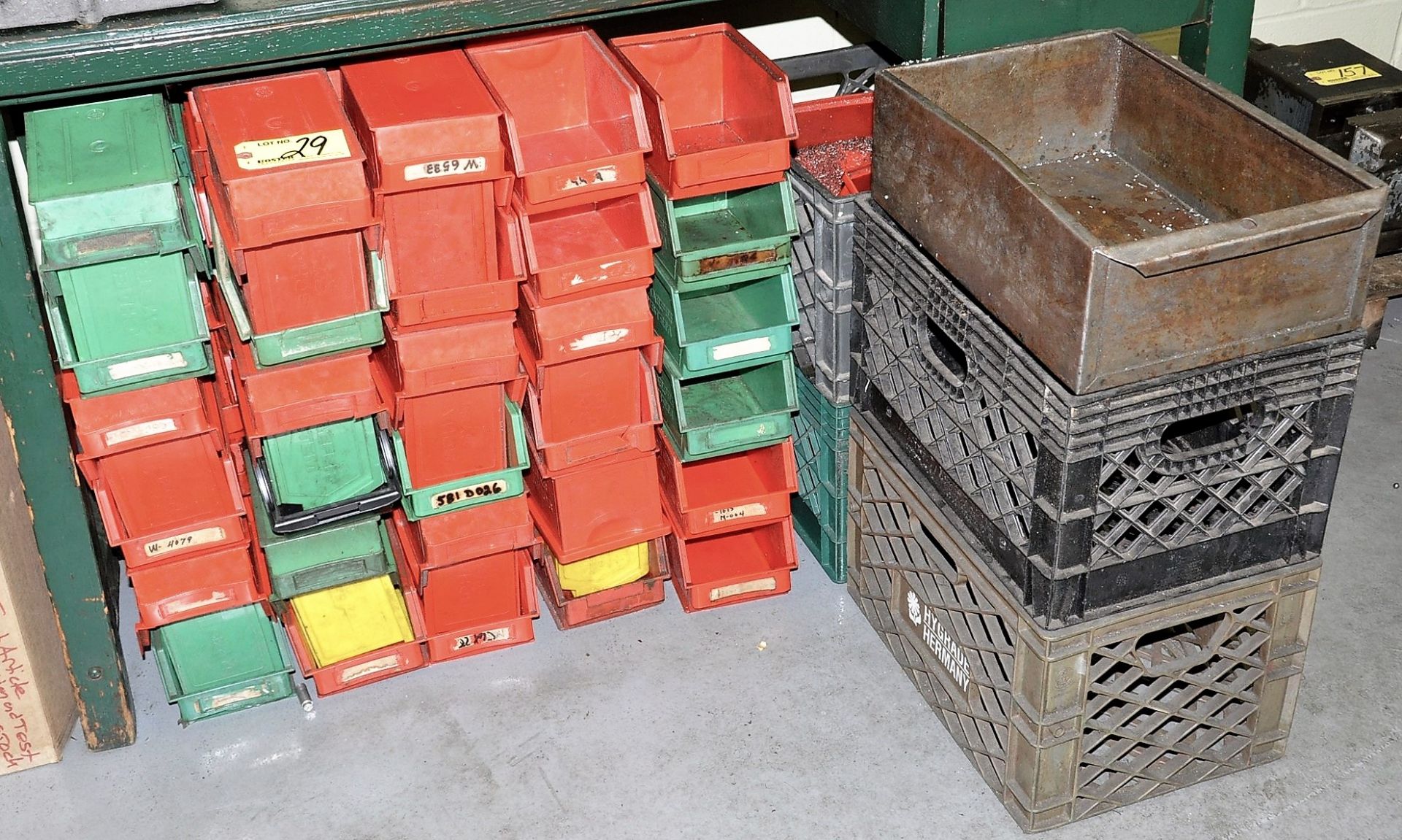 PLASTIC PARTS BINS AND (1) PLASTIC CRATE