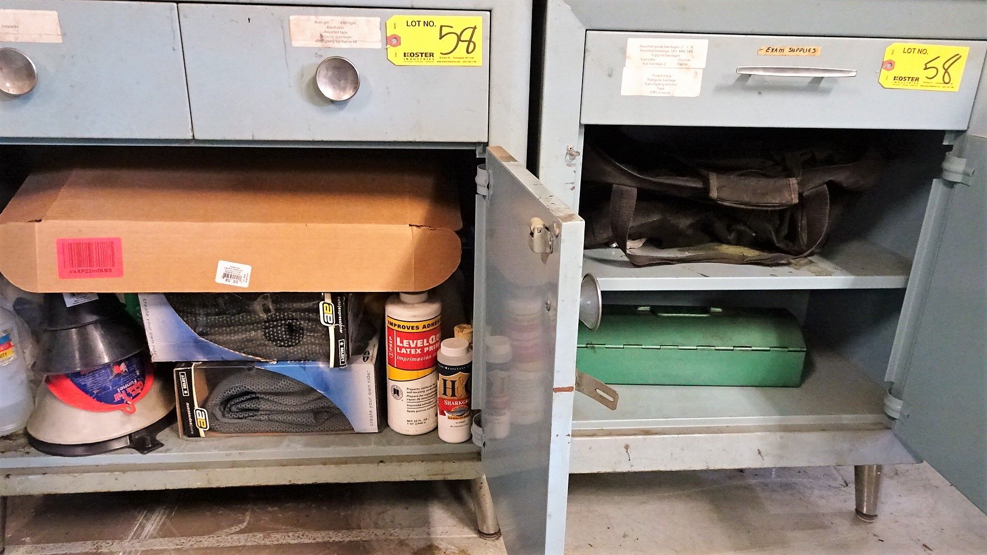 (1) 4-SHELF SHELVING UNIT, (2) CABINETS WITH CONTENTS, CONTENTS INCLUDE: PNEUMATIC PALM SANDER, - Image 2 of 3
