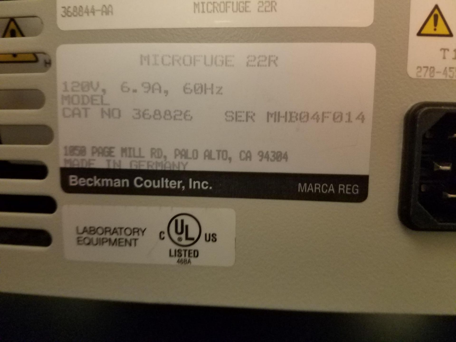 Beckman Coulter, Microfuge 22R Centrifuge, M# 368826, S/N MHB04F014 - Image 2 of 2