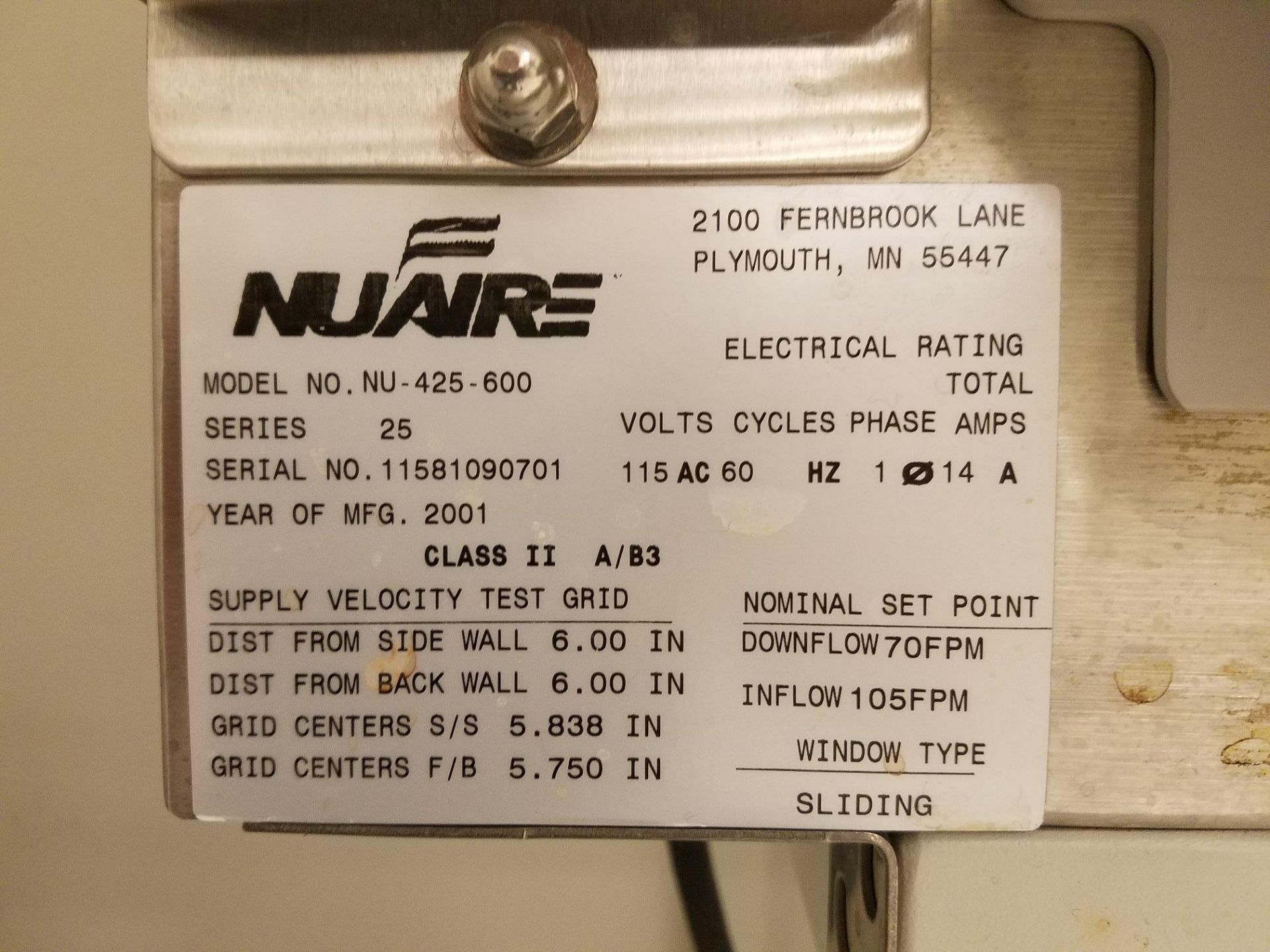 Nuaire Laboratory Fume Hood, M# NU-425-600, S/N 11581090701, Inside, 70"W X 22"D X 28"T - Image 2 of 2