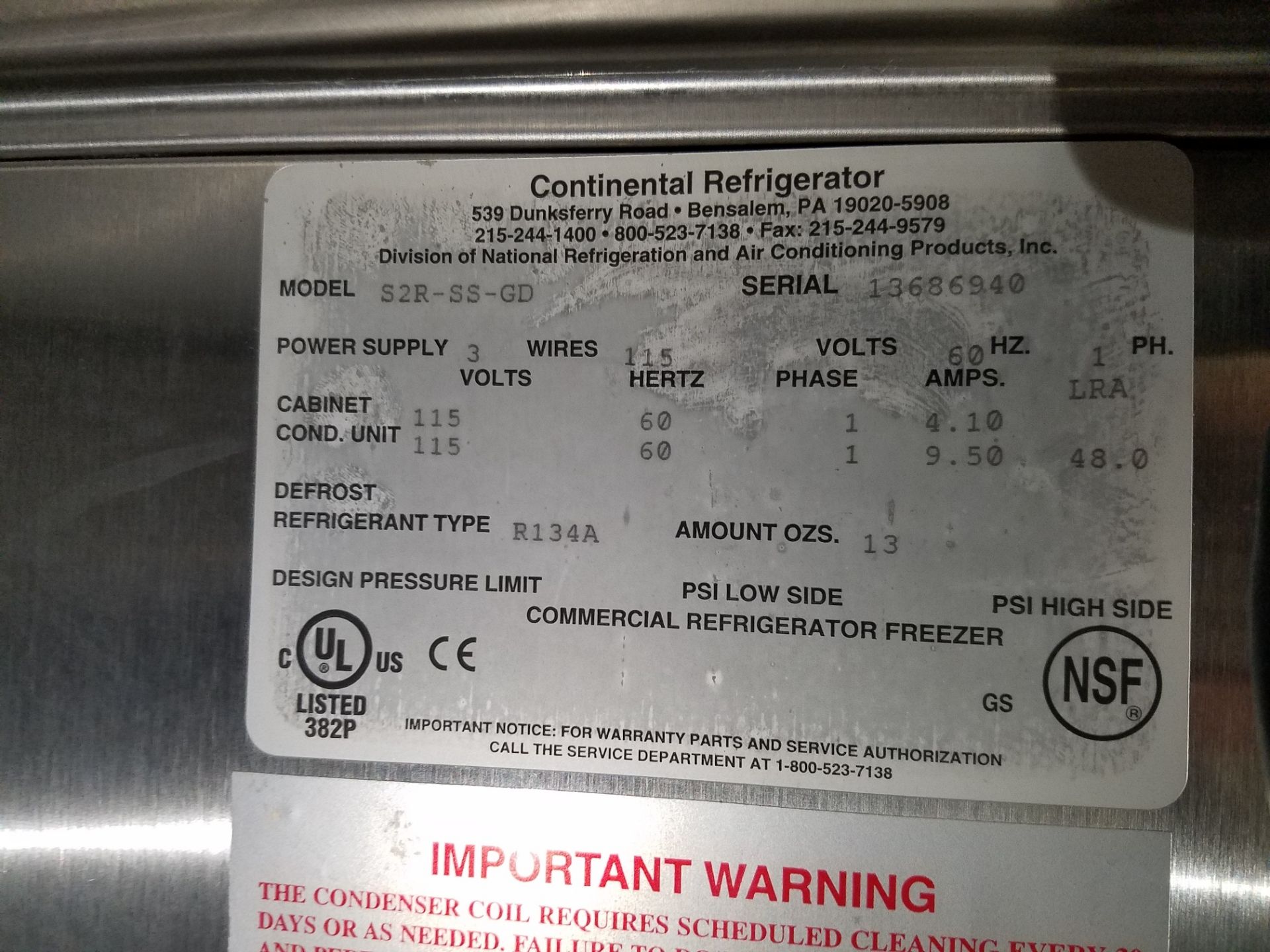 Continental Refrigerator, M# S2R-SS-GD, S/N 13686940 - Bild 2 aus 3