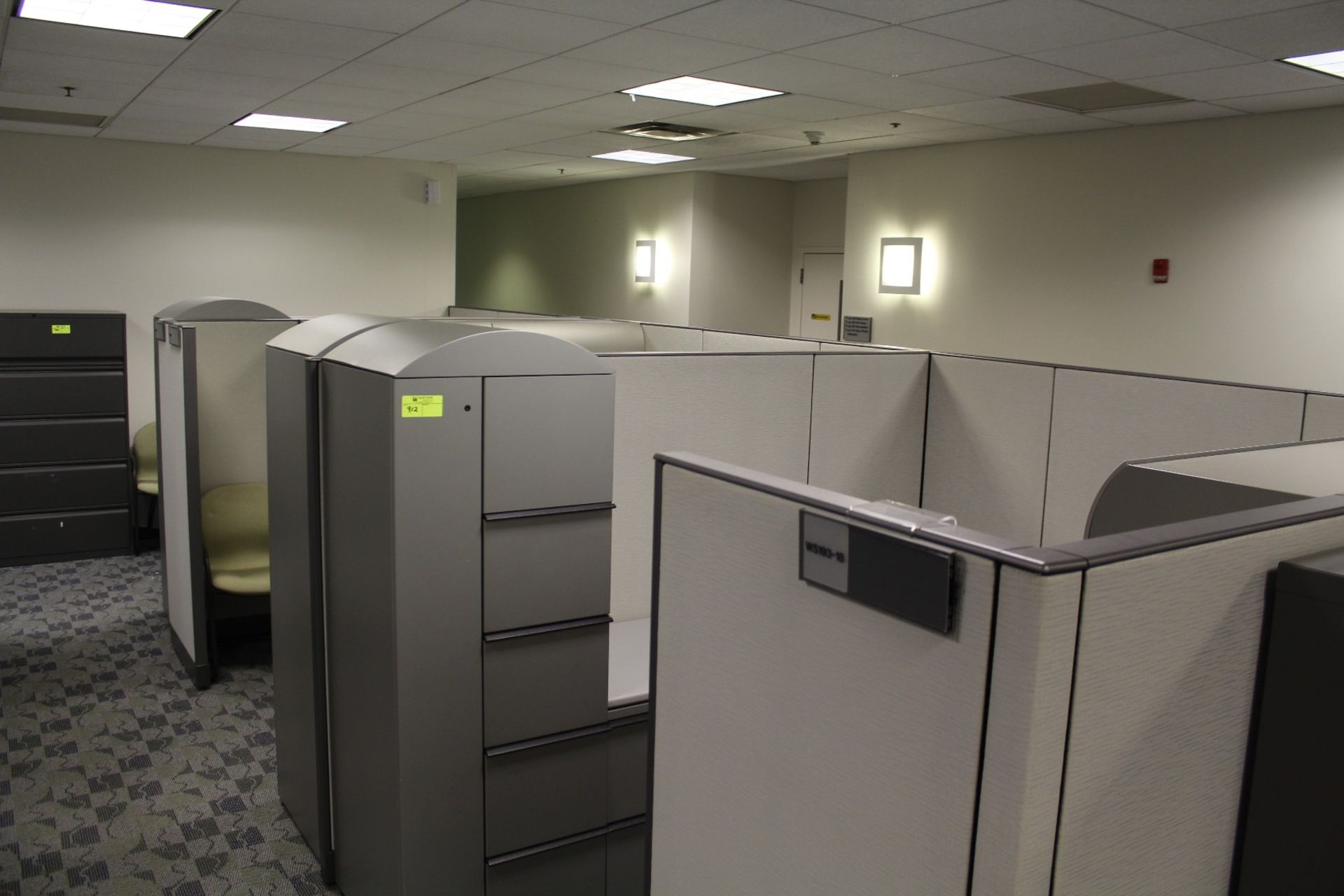 Cubicle Office System, W/ (3) Work Stations, Chairs, File Cabinets, Storage Cabinets & Cubicle Walls