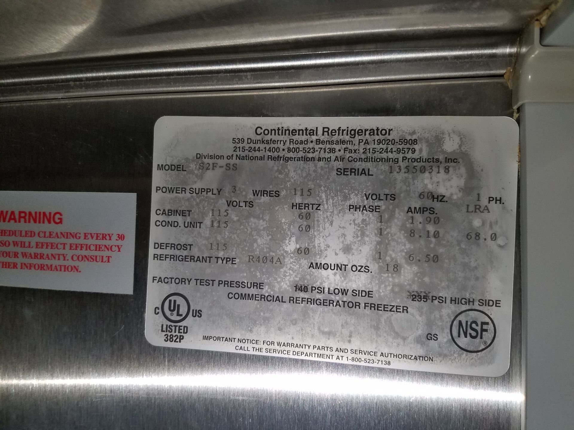Continental Refrigerator, M# S2F-SS, S/N 13550318 - Bild 2 aus 3