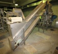 ~13 ft. L S/S Inclined Belt Conveyor System with 18" W Belt with 6" Flights, Siderails, Drain Pan,
