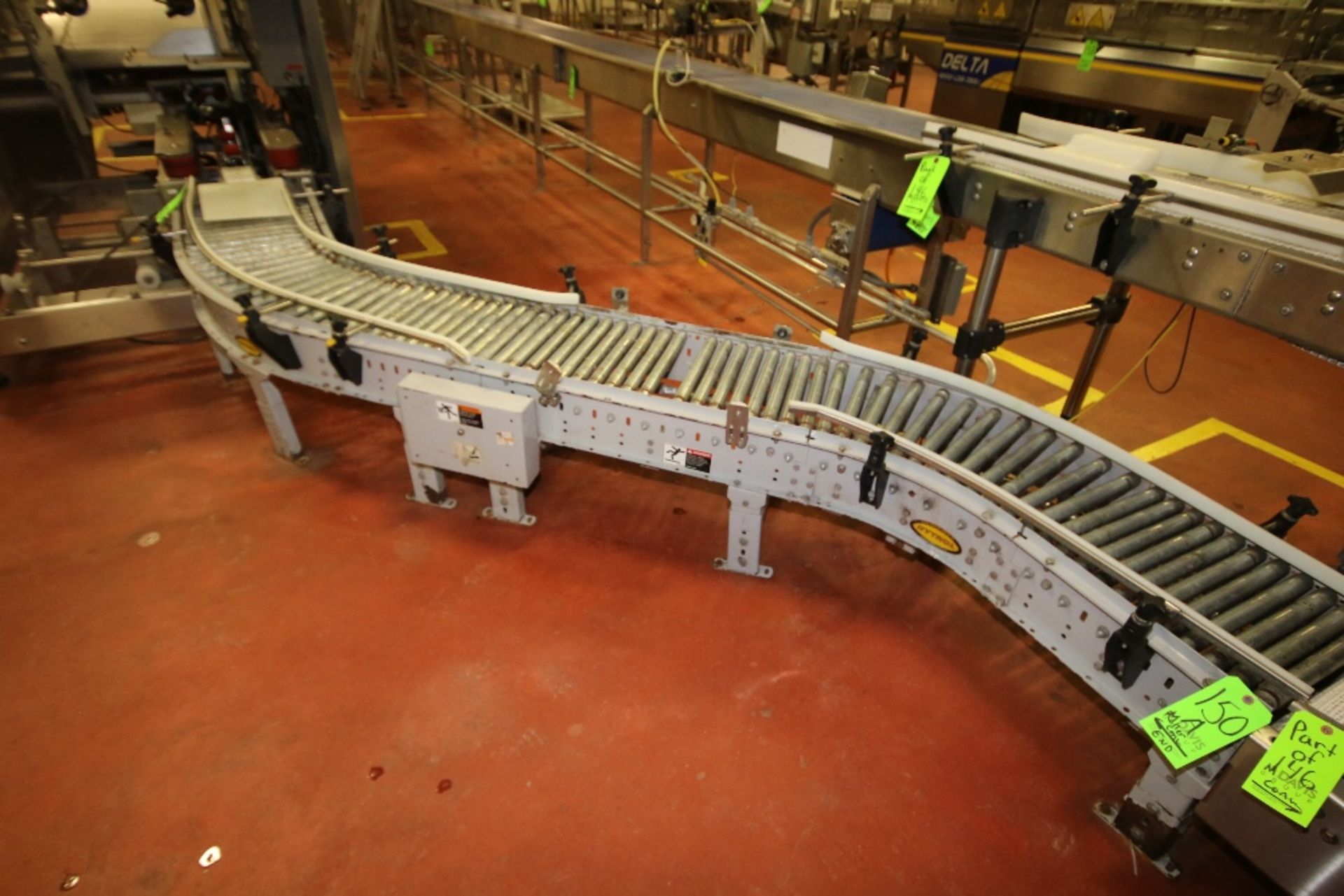 2-Sections Hytrol Roller Conveyor with 15" W Rolls, (2) Drives, (1) Snake Configuration and (1) J-