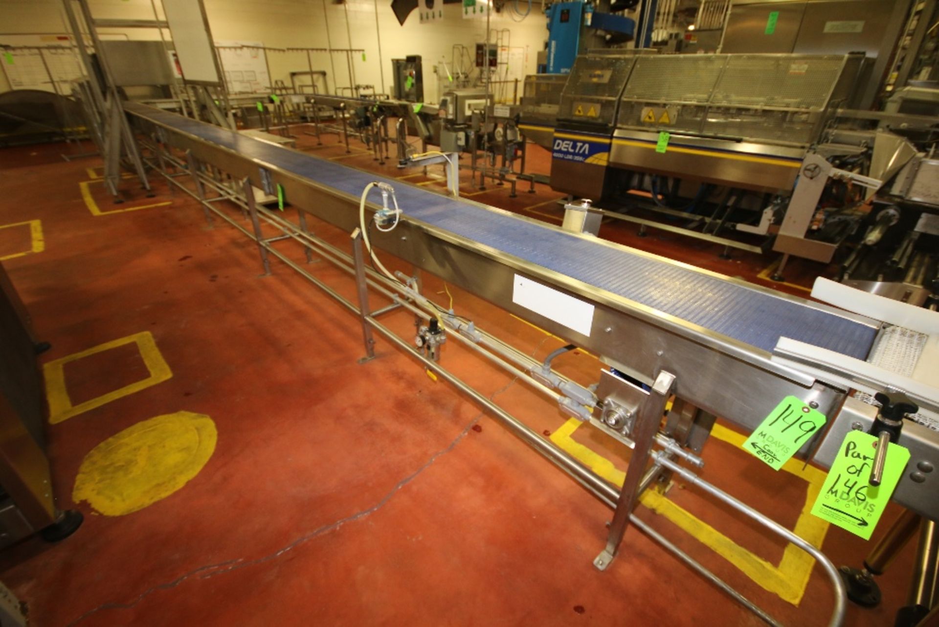 ~34 ft. L Infeed Conveyor with 12" W Intralox Belt to Caser with Drive and S/S Legs