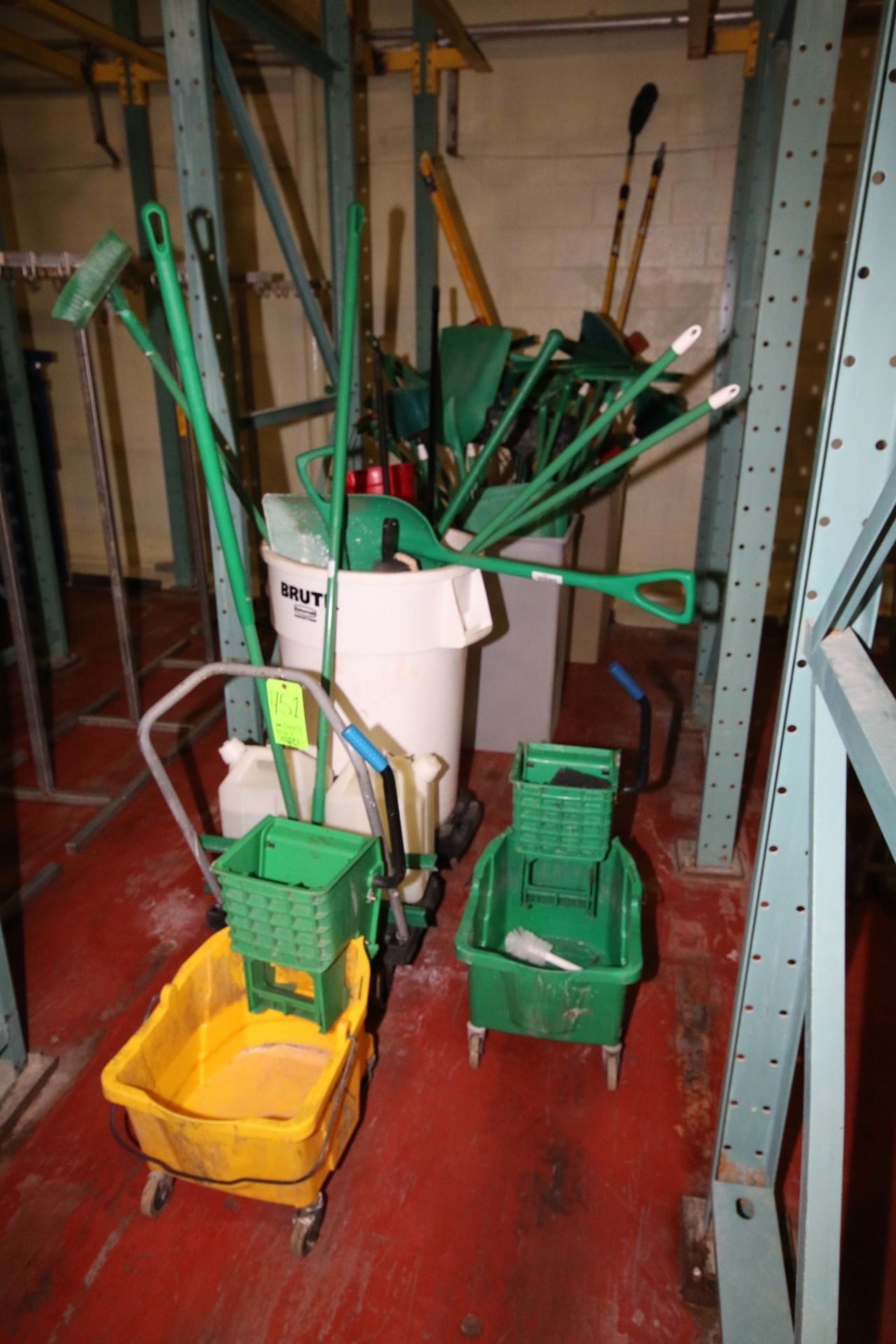 Assorted Janitorial Supplies including Wash Baskets, Brooms, Shovels and Squeegees
