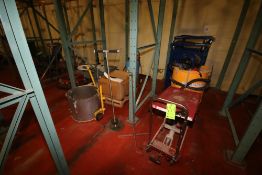 Assorted Warehouse Supplies including: Platform Steps, Spill Containment, Sanitation Barrel, Lift