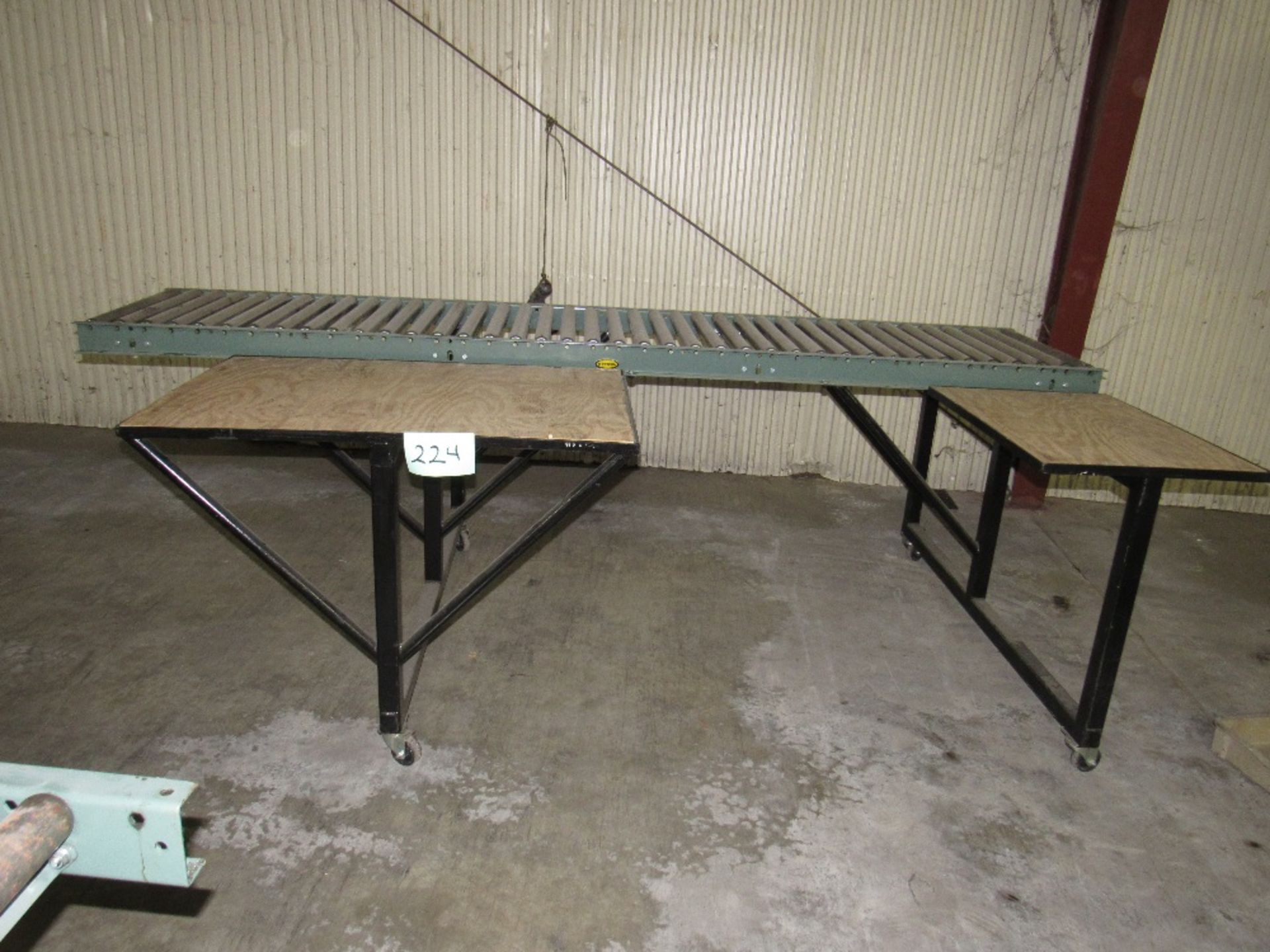Packing Table with 10ft Hydrol Roller conveyor and two work surface with plywood tops on casters,