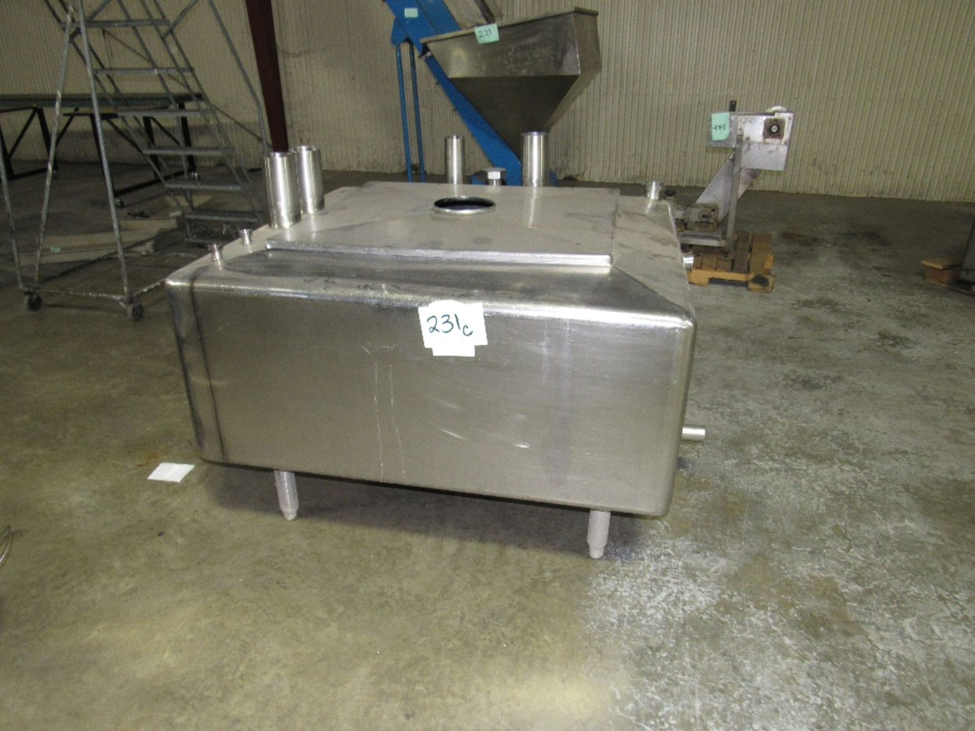 200 Gallon Stainless Steel Square Tank with a lid and several openings (Rigging and loading fees