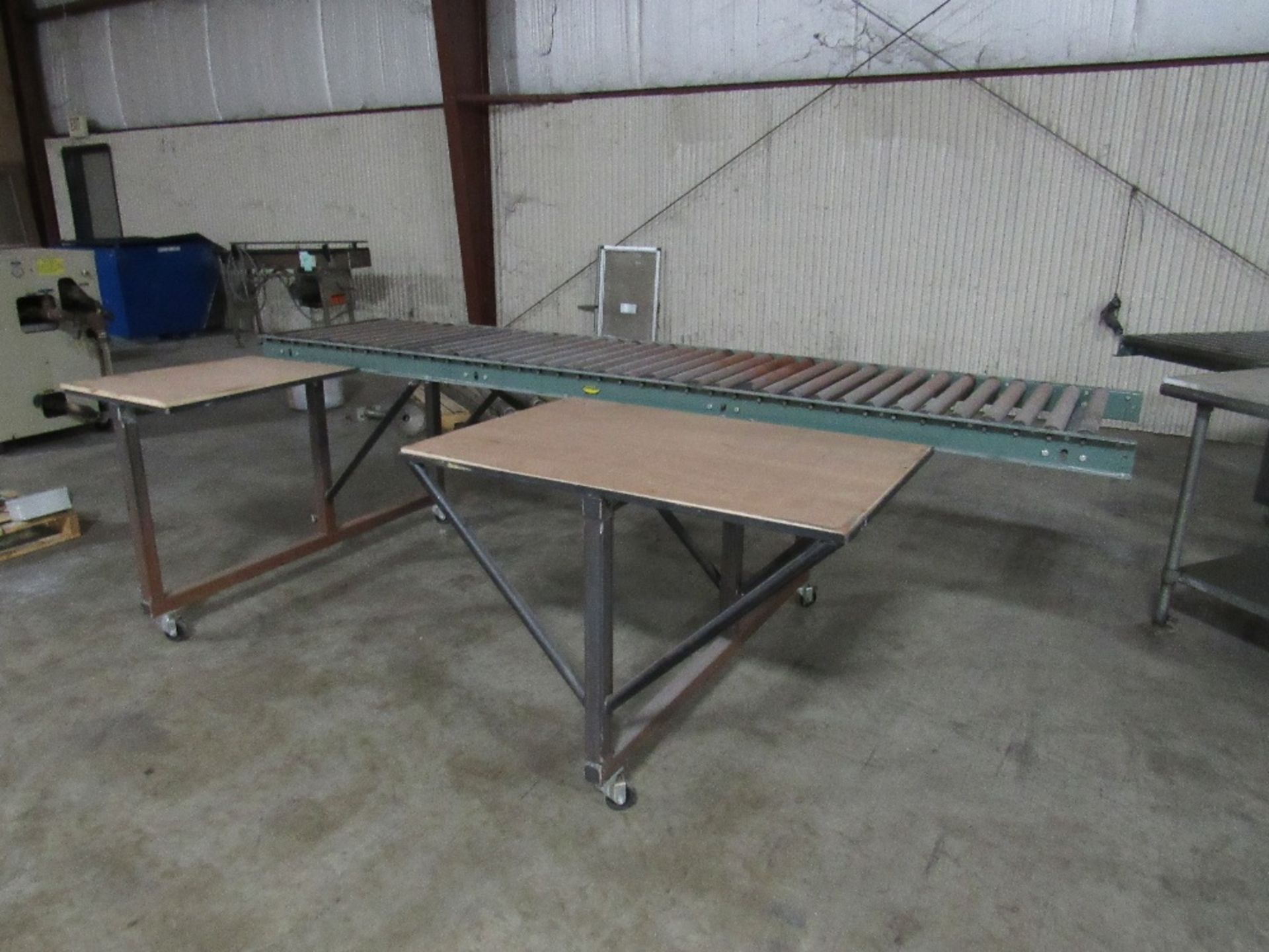 Packing Table with 10ft Hydrol Roller conveyor and two work surface with plywood tops on casters, - Image 3 of 12