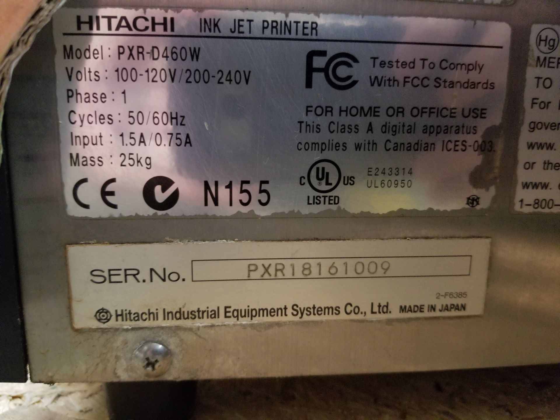 Hitachi Ink Jet Coder Model: PXR-D260W Serial: PXR18161009, Single Head Ink Jet Coder, 100-120/200- - Image 2 of 11