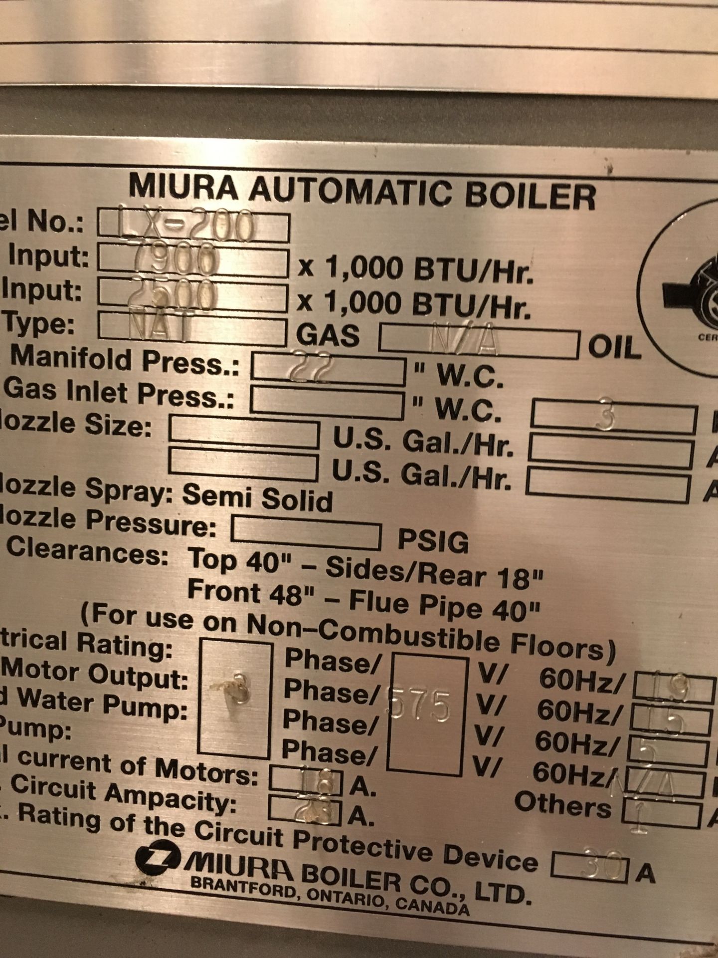 Miura Steam Boiler Model: LX-200 Serial: 47S472153, Last used in Hot Fill Bottling Plant for Plant - Image 2 of 4