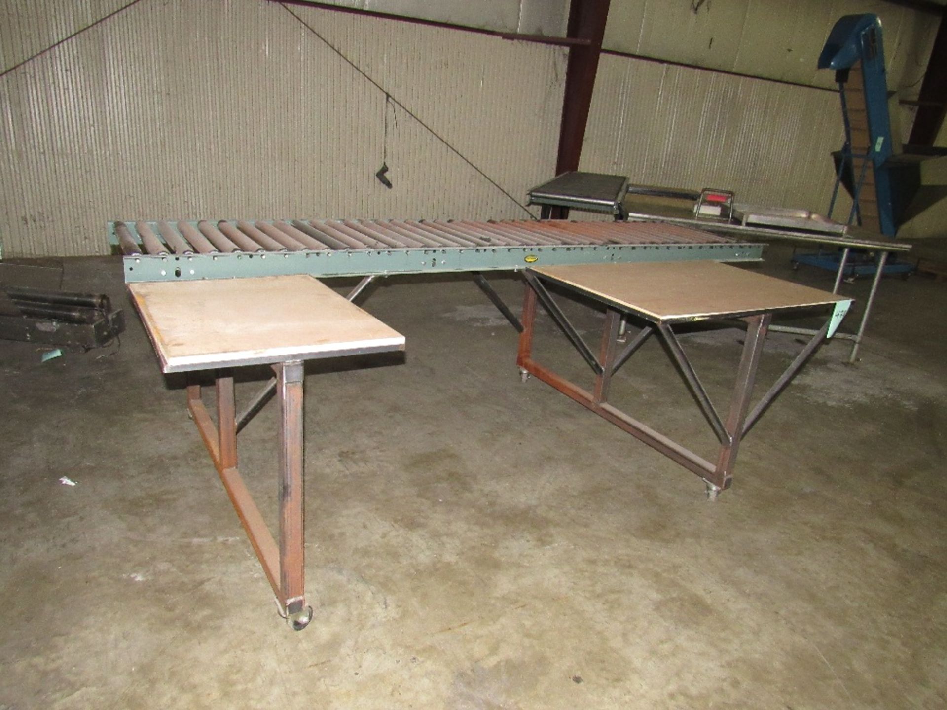 Packing Table with 10ft Hydrol Roller conveyor and two work surface with plywood tops on casters, - Image 2 of 12