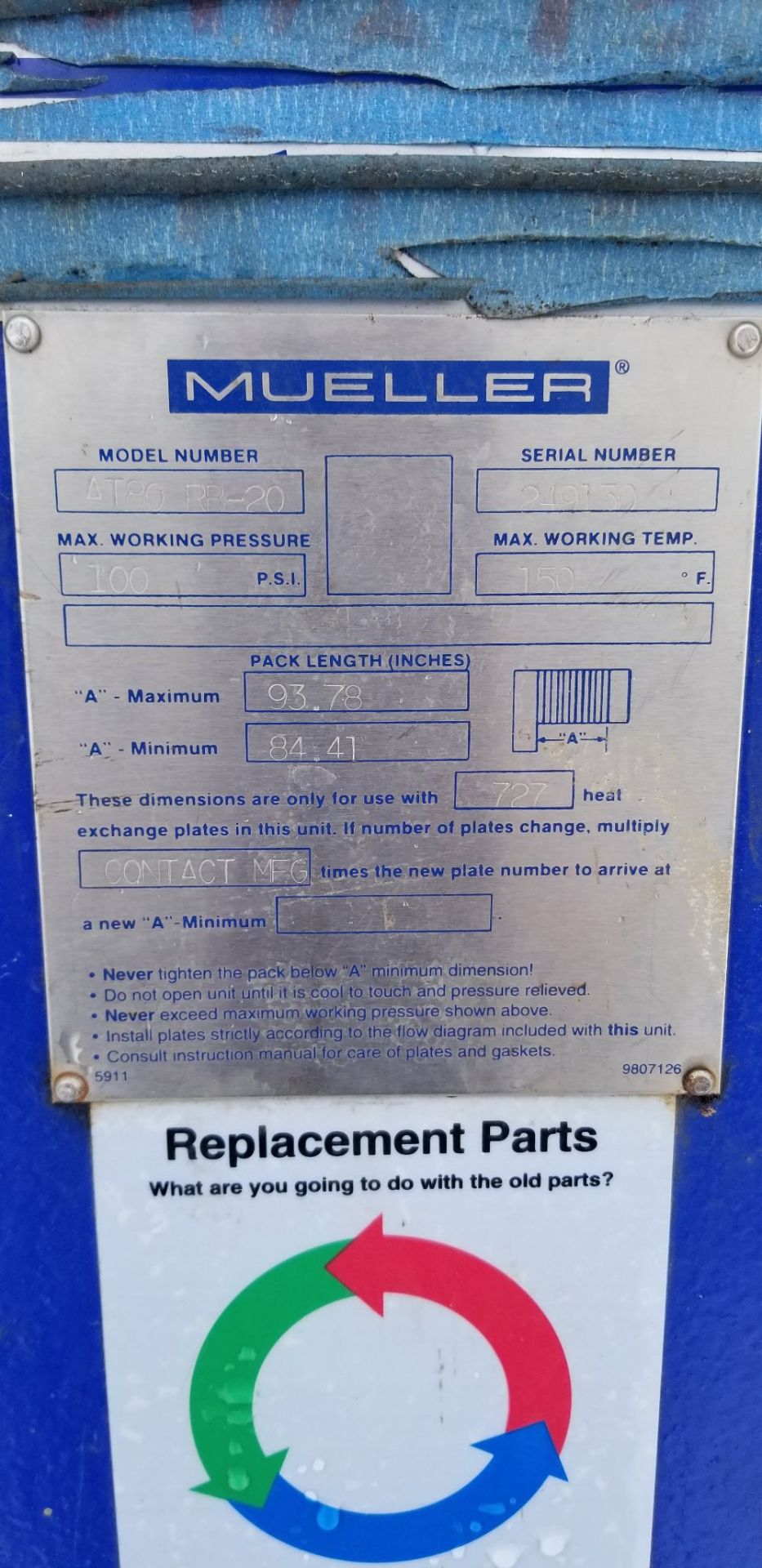 Mueller Cooling Plate Press, Model AT80-RB-20, S/N 249130 with (300) S/S Plates (Cooling for Cow - Image 3 of 5