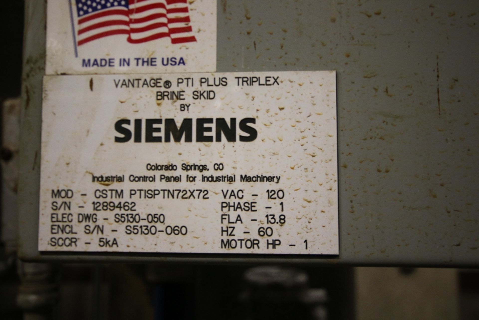 2012 Siemens Vantage PT1 Plus Triplex Brine Skid, Model CSTMPT1SPTN72X72, S/N 1289462 with Baldor - Image 5 of 5