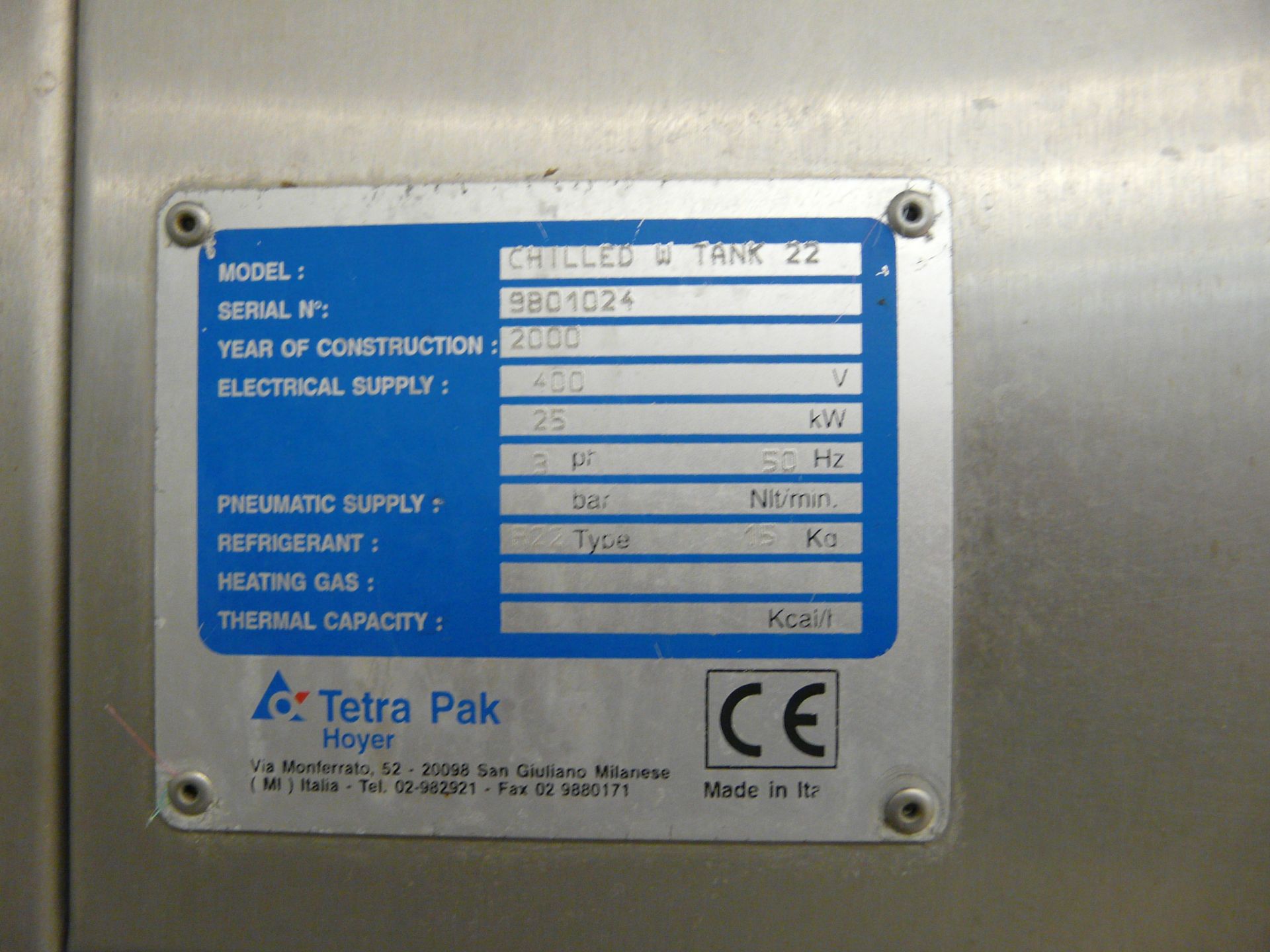 English: TETRA PAK Chiller Water Tank ,Model: CHILLED W TANK 22, 25 KW, Refrigerant Liquid R22 , Y. - Image 10 of 13