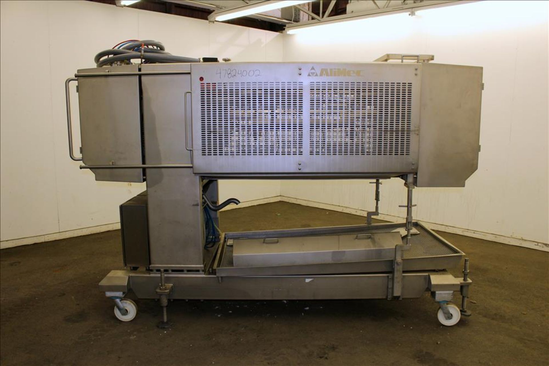 2009 Alimec Food Slicer, Model Slicer, S/N 628-52, 3 Station, no infeed magazines. Missing blade,