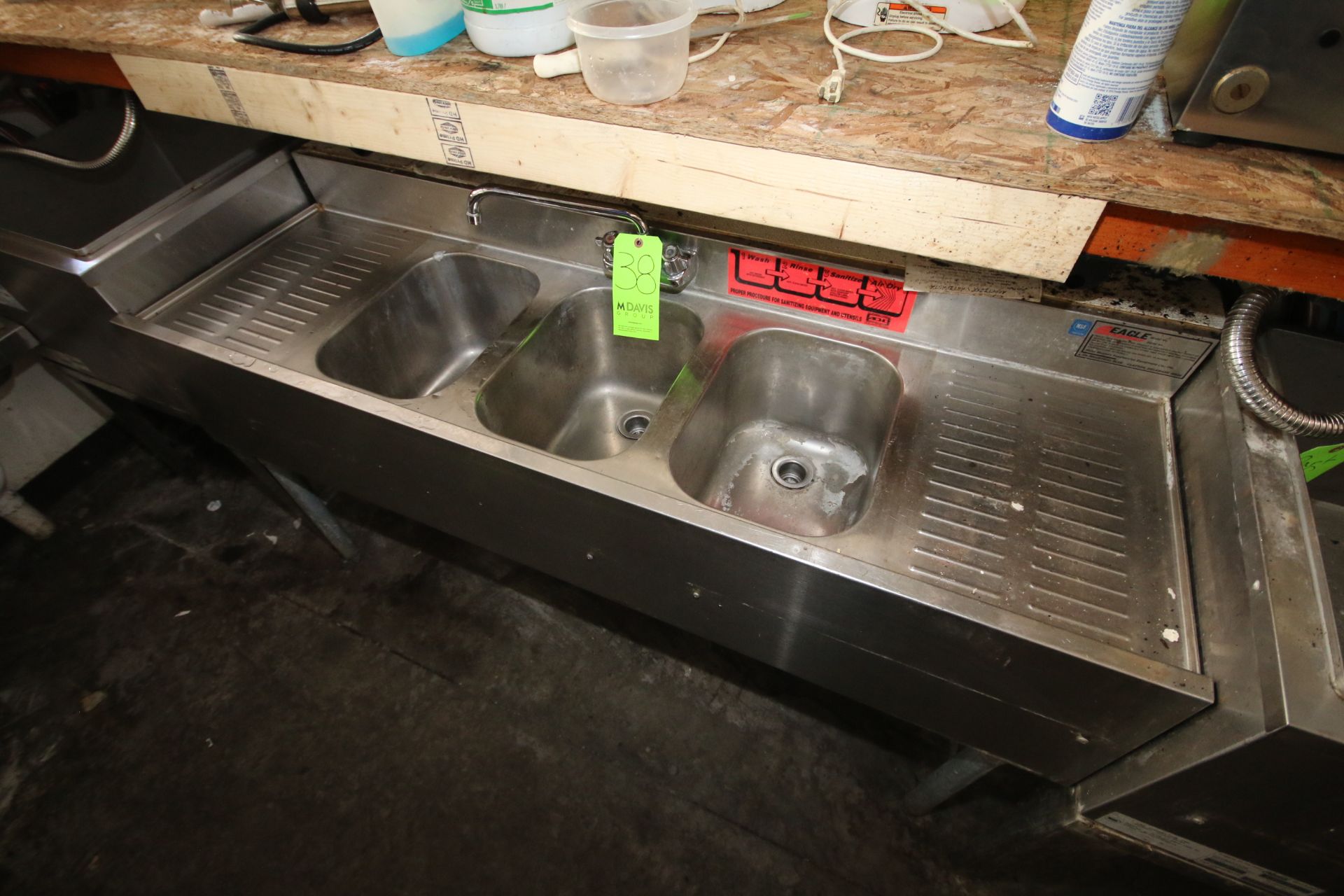 Eagle 3-Bowl S/S Sink, Aprox. 5' L x 2' W, with S/S Working Areas - Image 2 of 2