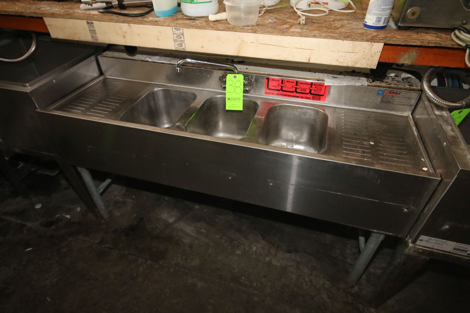 Eagle 3-Bowl S/S Sink, Aprox. 5' L x 2' W, with S/S Working Areas