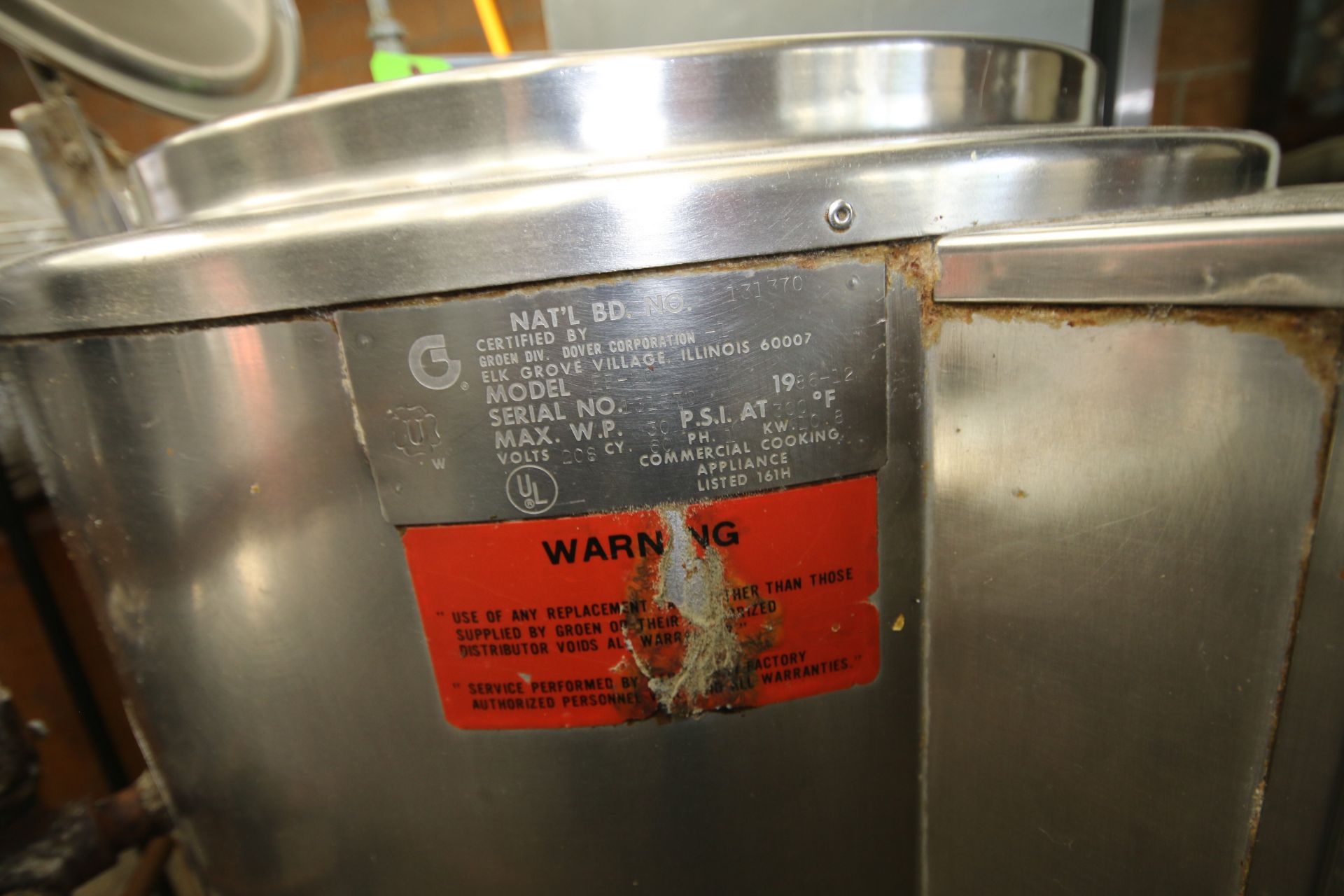 Groen 20 Gal. S/S Kettle, M/N EE420, S/N 231370, Max. W.P. 30 PSI @ 300 F, 208 Volts, 1 Phase, Nat’L - Image 4 of 6