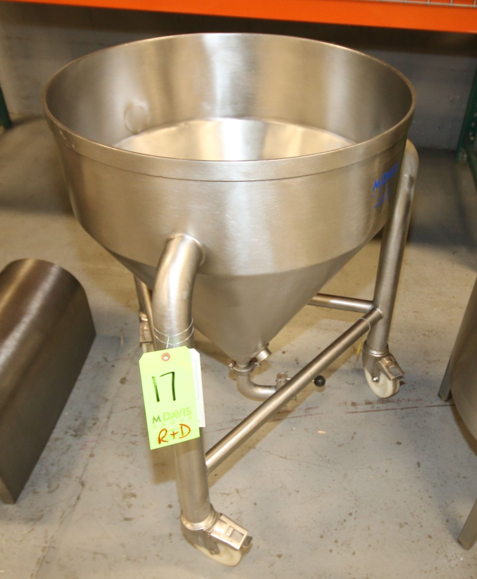 25" W x 30" D Portable S/S Funnel with Bottom 1.5" Clamp Type Connection, Mounted on Casters